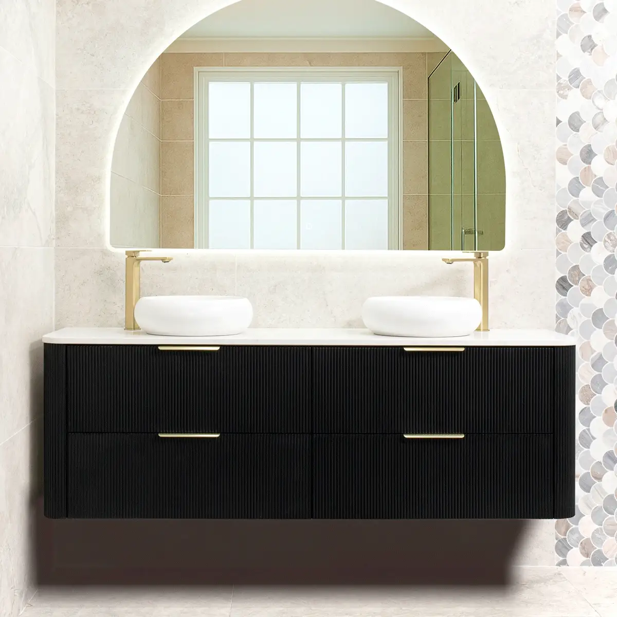 *Clearance* Tura Groove 1800mm Curved Wall Hung Vanity Cabinet, Matte Black