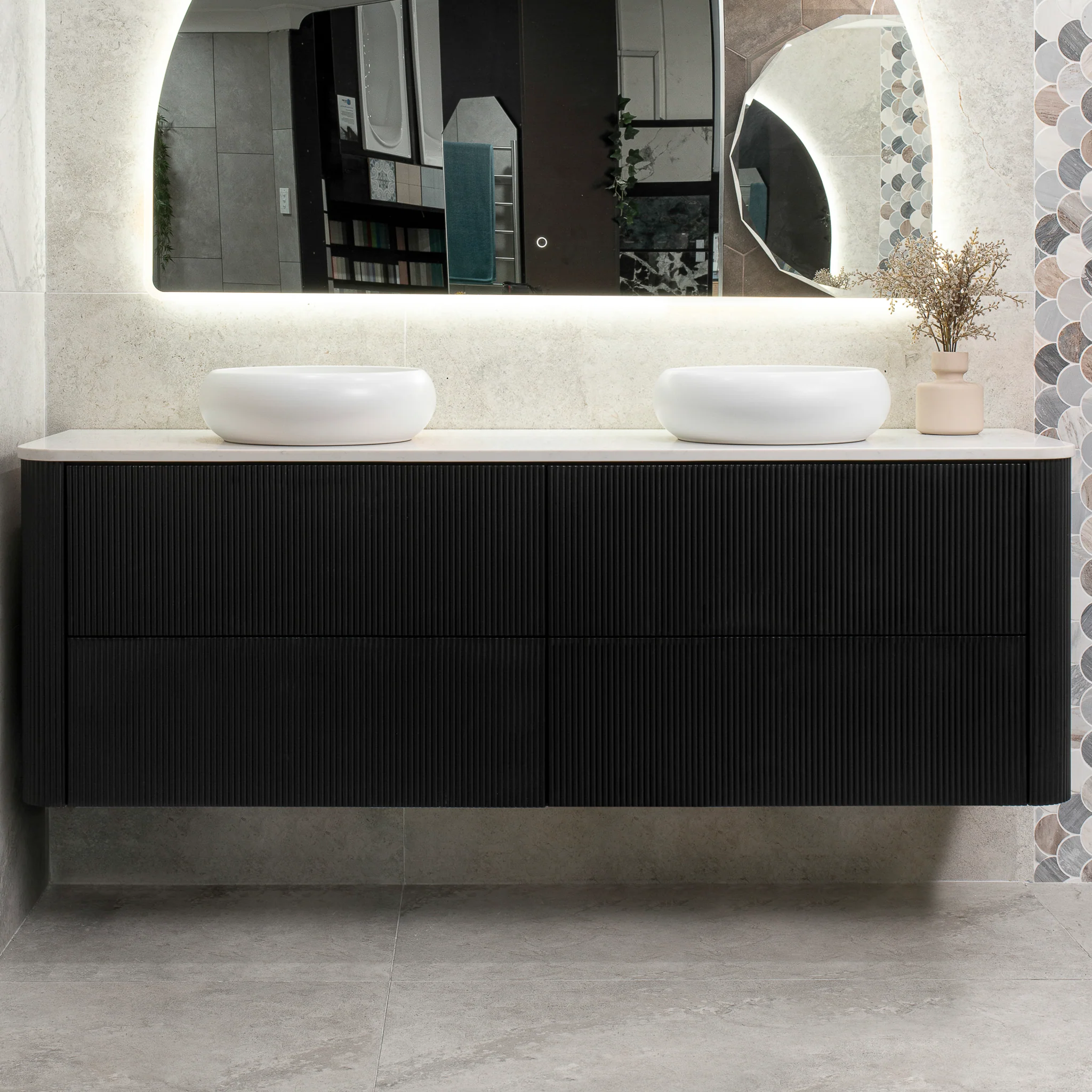 *Clearance* Tura Groove 1800mm Curved Wall Hung Vanity Cabinet, Matte Black - Image 3