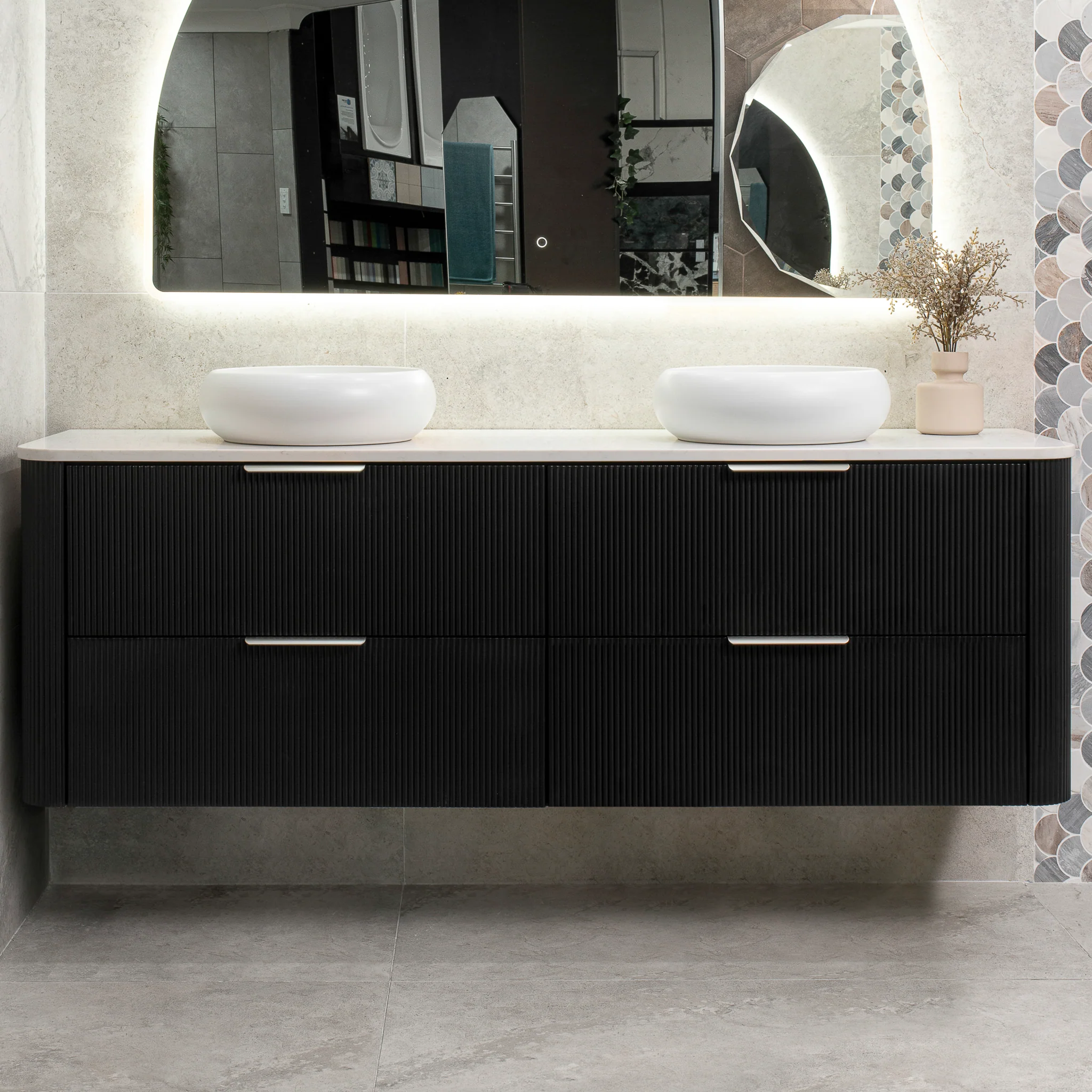 *Clearance* Tura Groove 1800mm Curved Wall Hung Vanity Cabinet, Matte Black - Image 4
