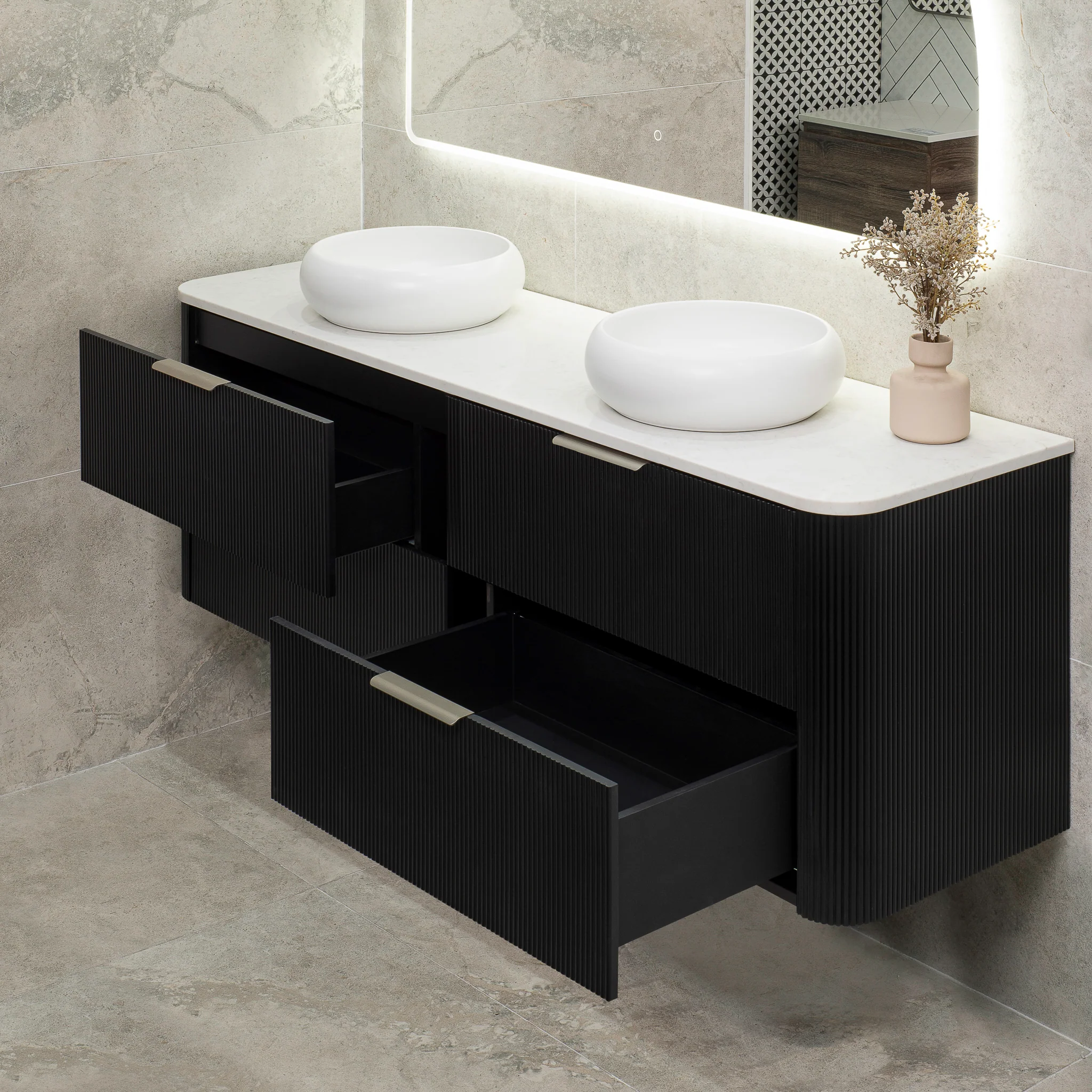 *Clearance* Tura Groove 1800mm Curved Wall Hung Vanity Cabinet, Matte Black - Image 5
