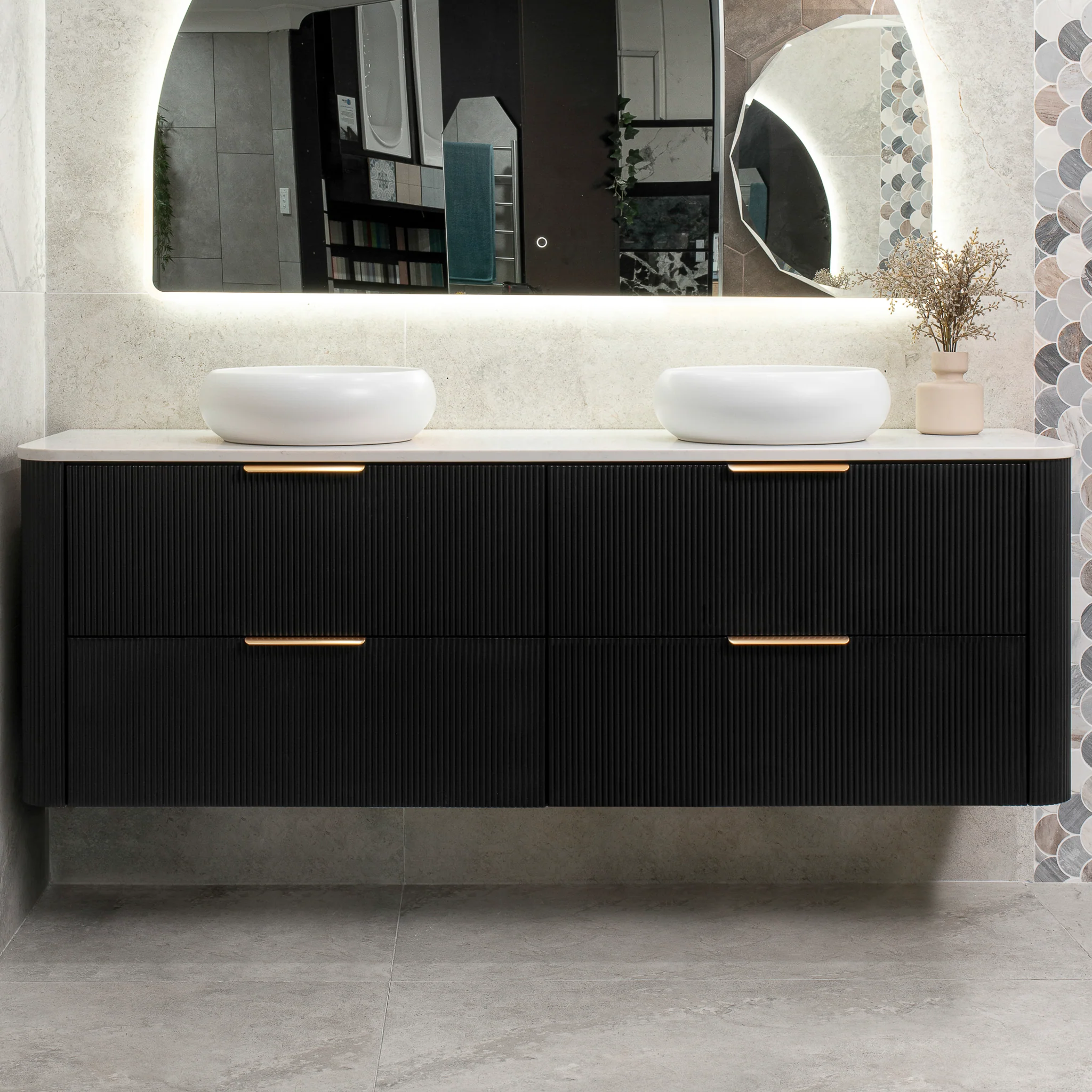 *Clearance* Tura Groove 1800mm Curved Wall Hung Vanity Cabinet, Matte Black - Image 7