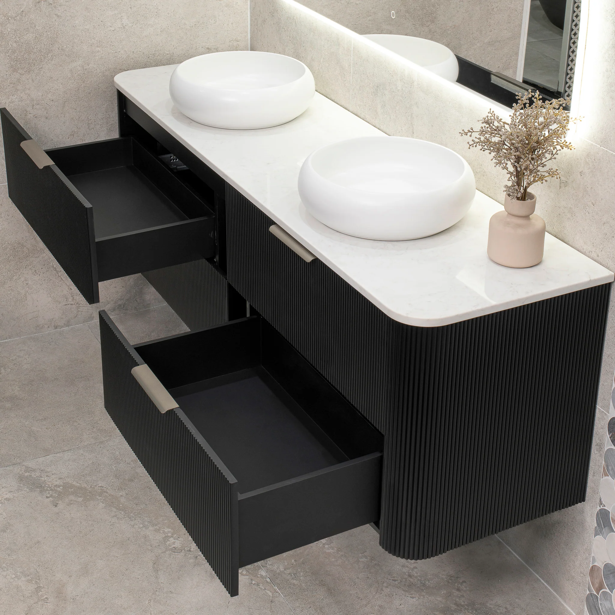 *Clearance* Tura Groove 1800mm Curved Wall Hung Vanity Cabinet, Matte Black - Image 8