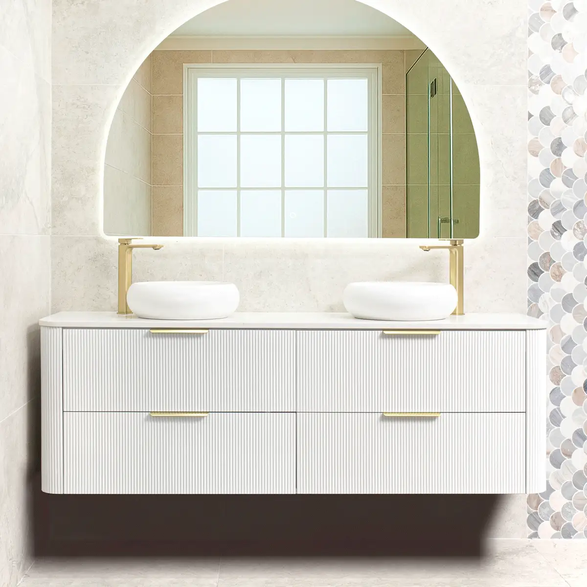 *Clearance* Tura Groove 1800mm Curved Wall Hung Vanity Cabinet, Matte White