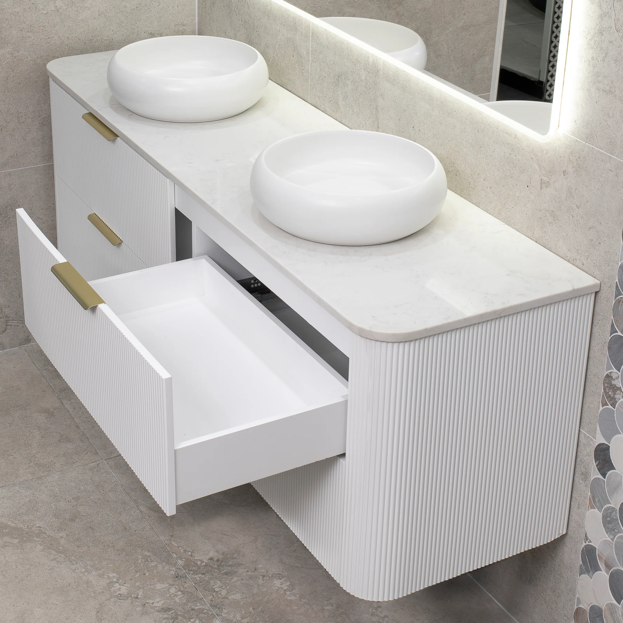 *Clearance* Tura Groove 1800mm Curved Wall Hung Vanity Cabinet, Matte White - Image 3
