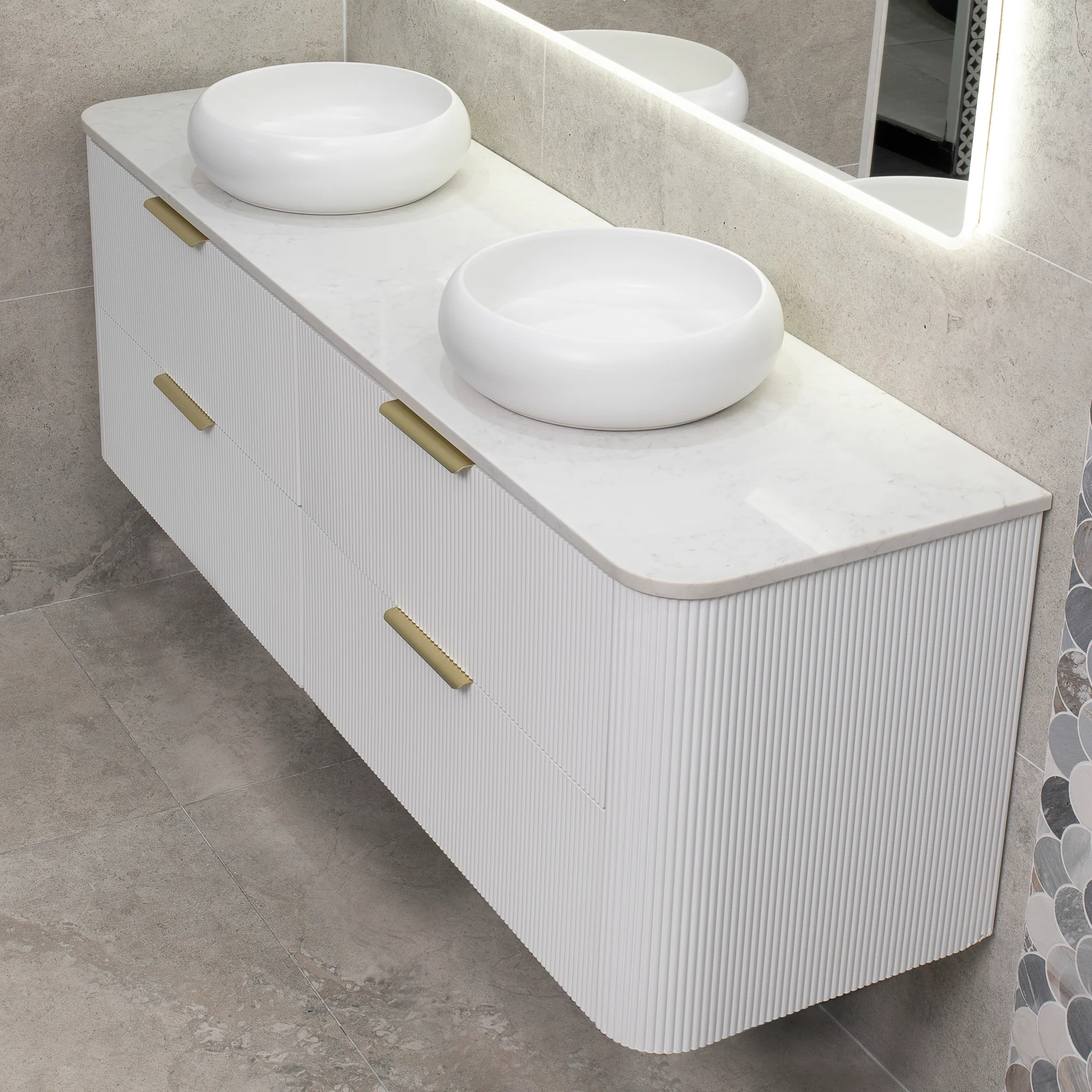 *Clearance* Tura Groove 1800mm Curved Wall Hung Vanity Cabinet, Matte White - Image 4