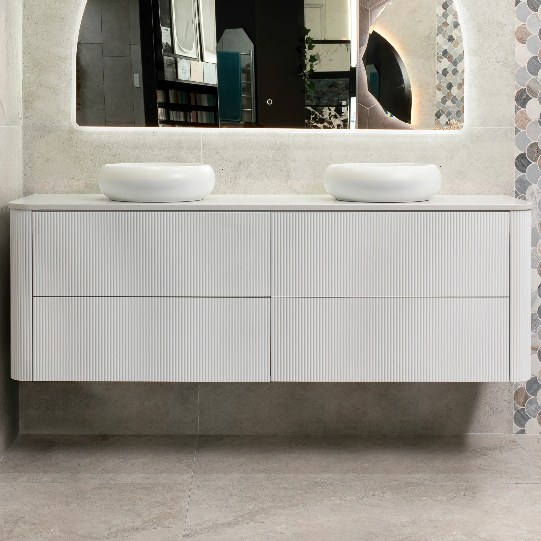*Clearance* Tura Groove 1800mm Curved Wall Hung Vanity Cabinet, Matte White - Image 5