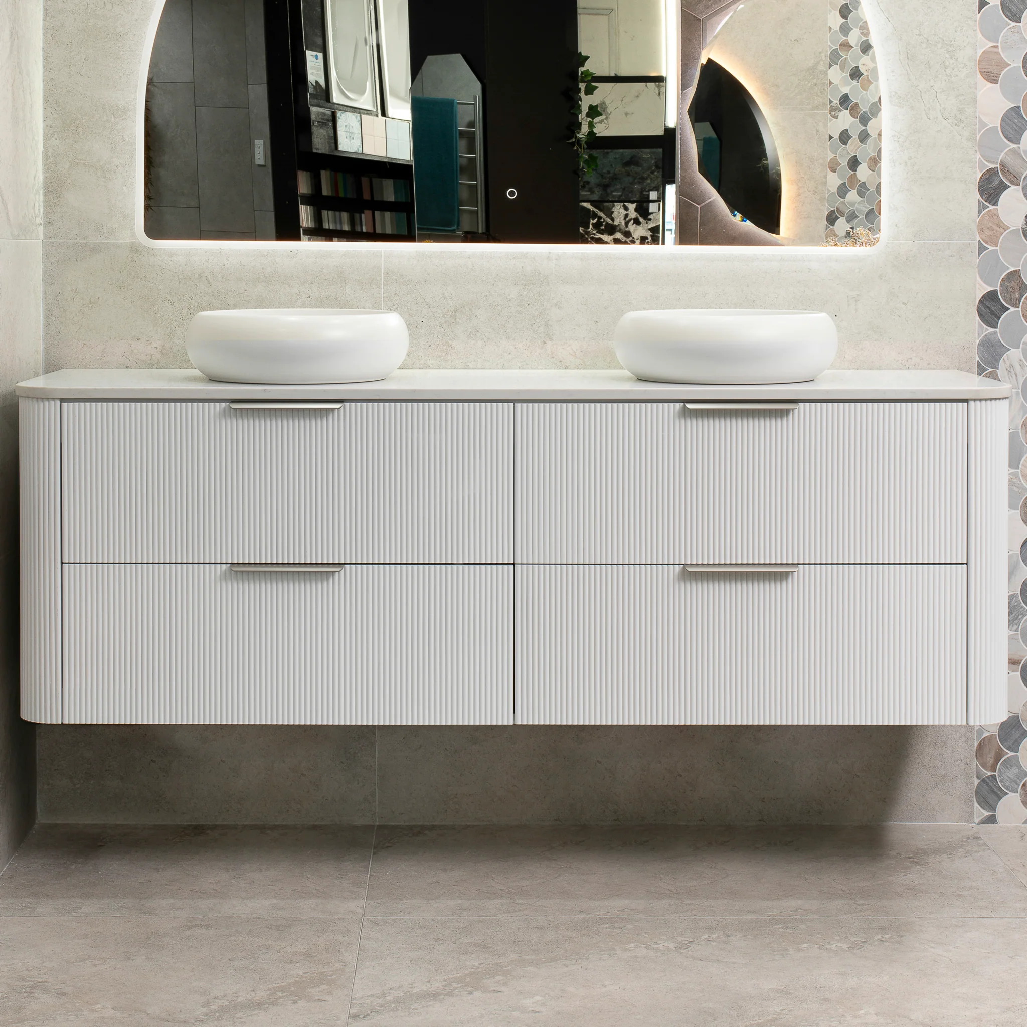 *Clearance* Tura Groove 1800mm Curved Wall Hung Vanity Cabinet, Matte White - Image 6
