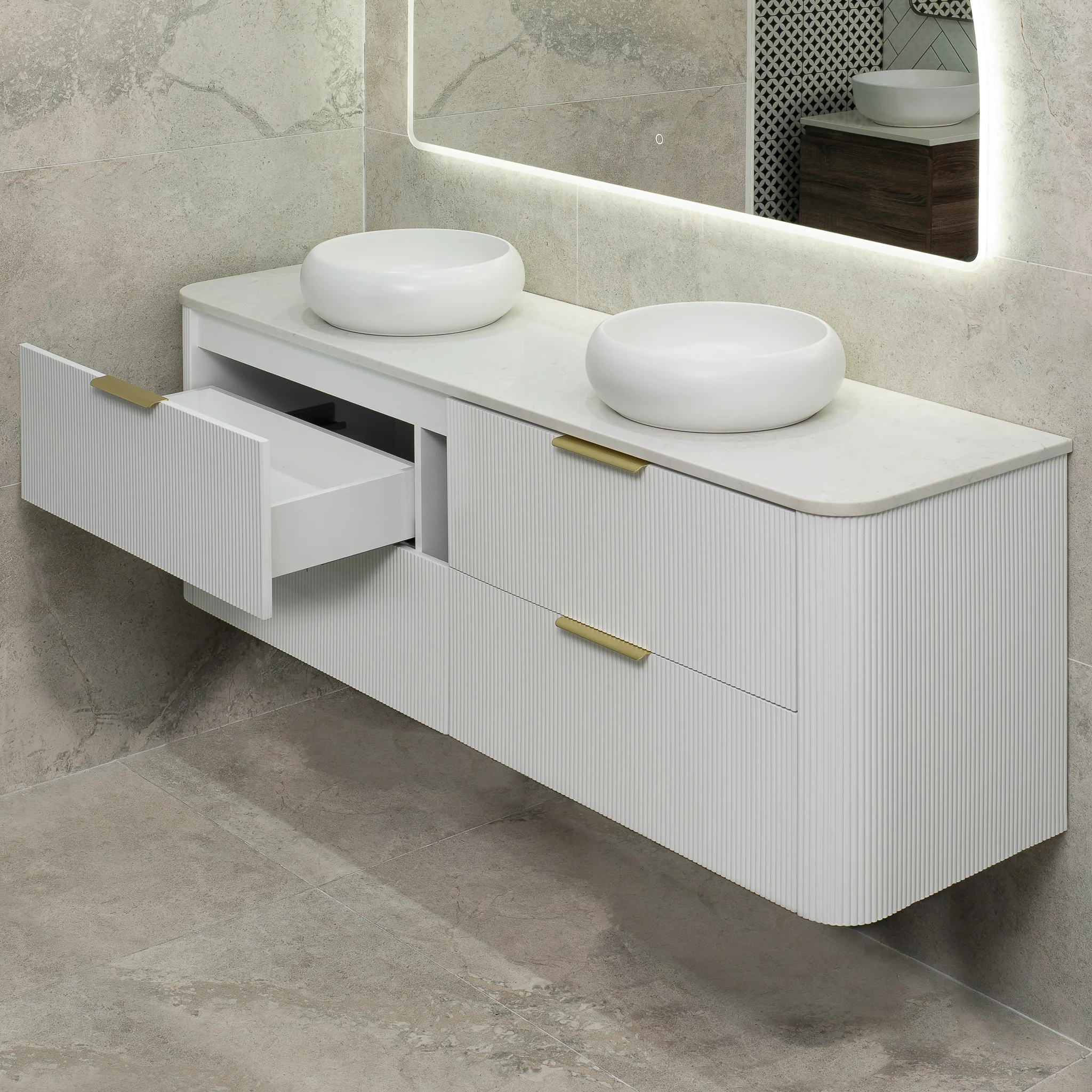 *Clearance* Tura Groove 1800mm Curved Wall Hung Vanity Cabinet, Matte White - Image 7