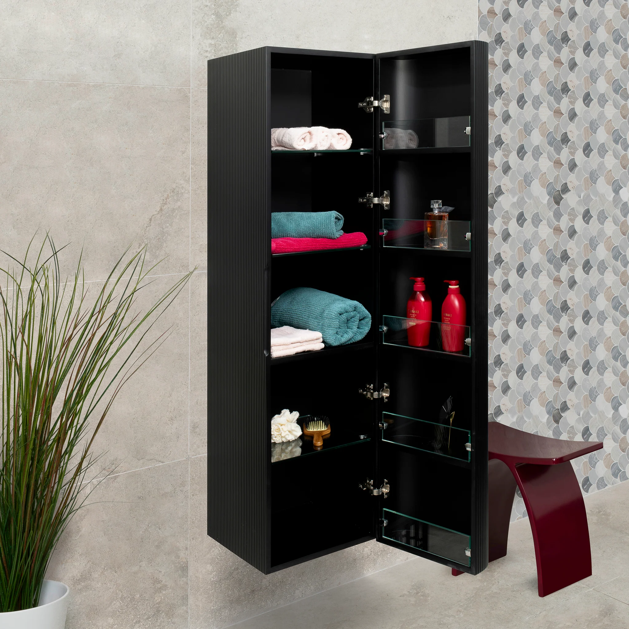 *Clearance* Tura Groove 390mm Curved Wall Hung Tallboy Cabinet, Matte Black - Image 3