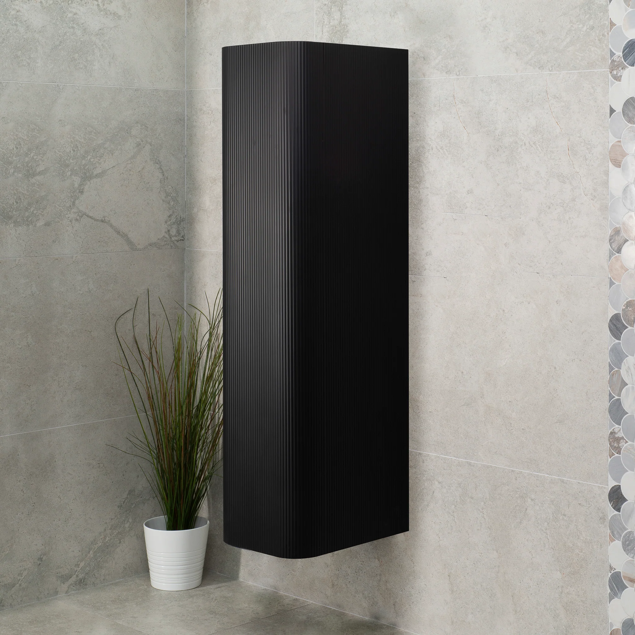 *Clearance* Tura Groove 390mm Curved Wall Hung Tallboy Cabinet, Matte Black - Image 4