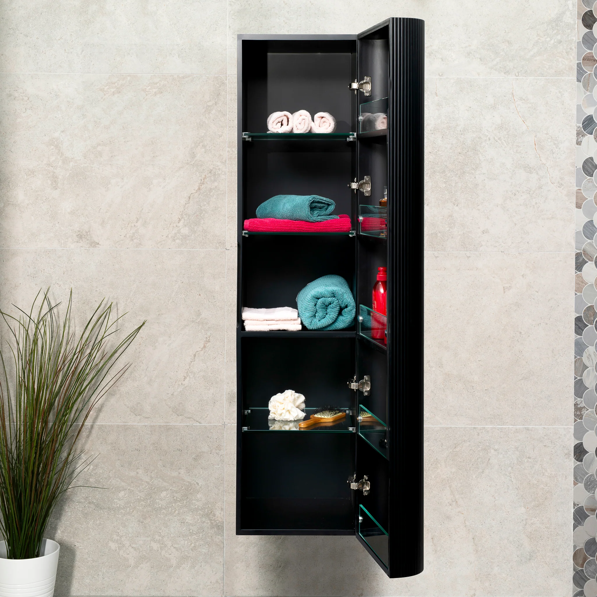 *Clearance* Tura Groove 390mm Curved Wall Hung Tallboy Cabinet, Matte Black - Image 5