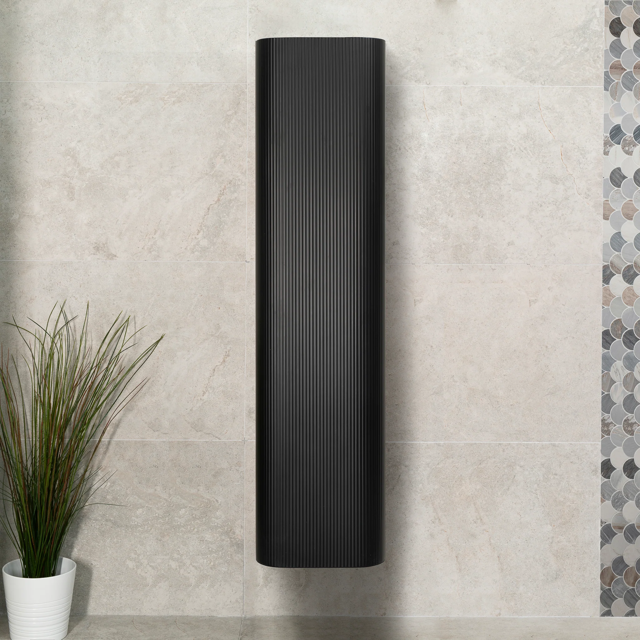 *Clearance* Tura Groove 390mm Curved Wall Hung Tallboy Cabinet, Matte Black - Image 6
