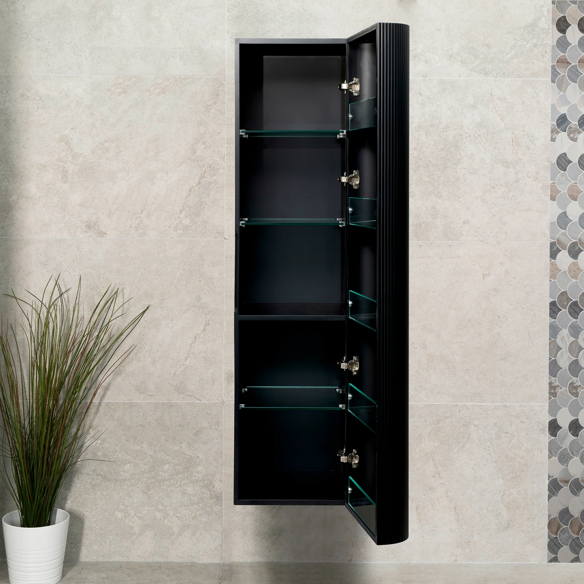 *Clearance* Tura Groove 390mm Curved Wall Hung Tallboy Cabinet, Matte Black - Image 7