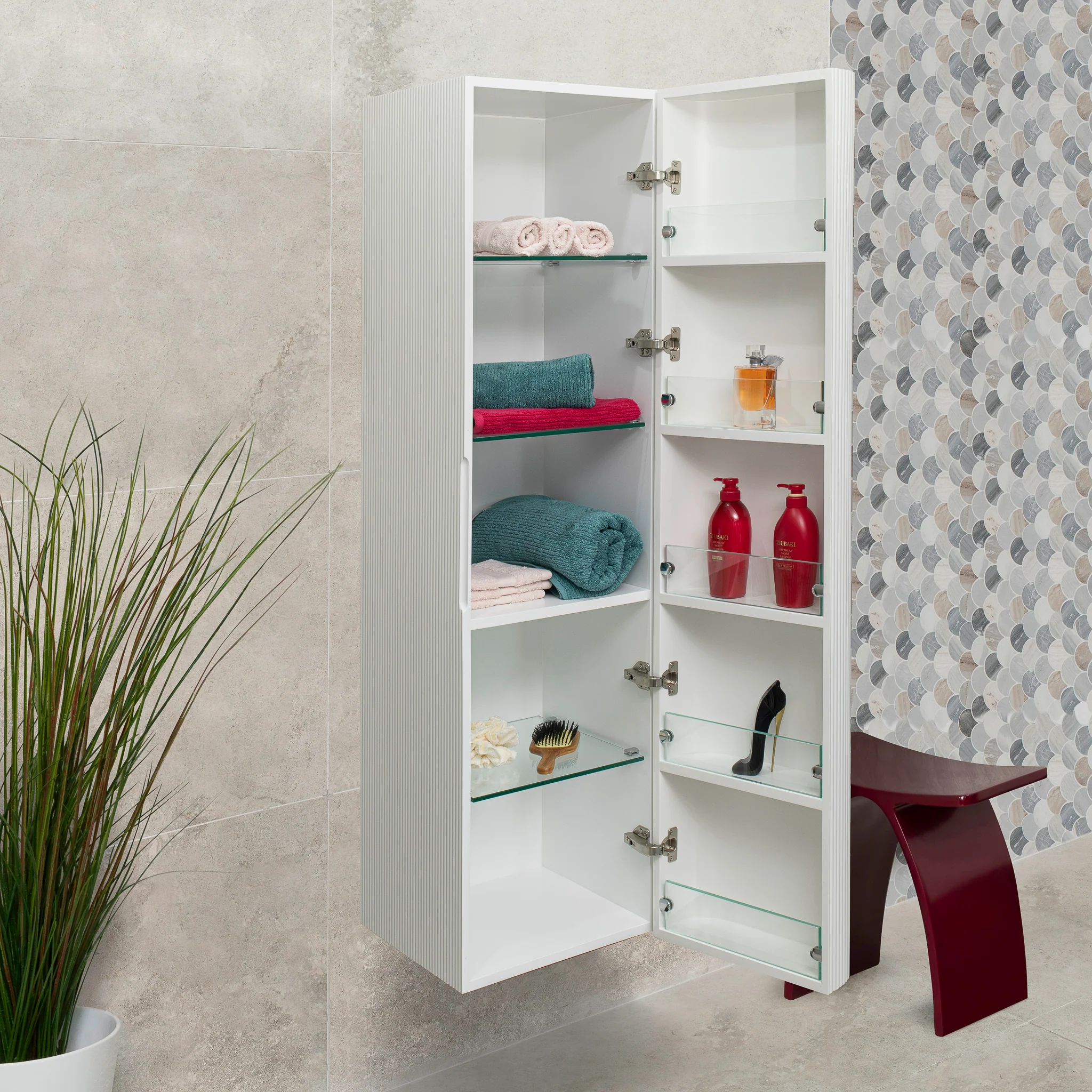 *Clearance* Tura Groove 390mm Curved Wall Hung Tallboy Cabinet, Matte White - Image 3