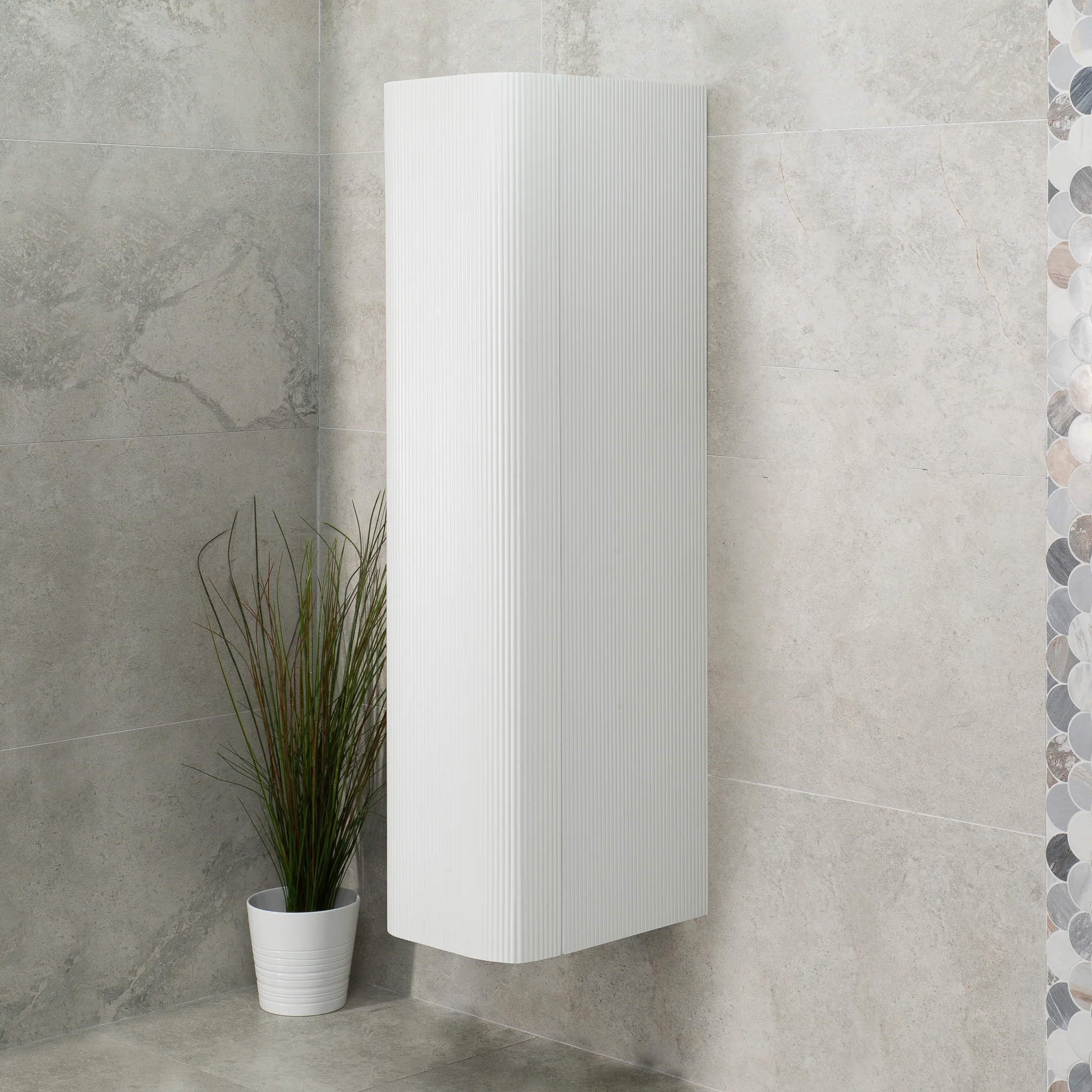 *Clearance* Tura Groove 390mm Curved Wall Hung Tallboy Cabinet, Matte White - Image 4