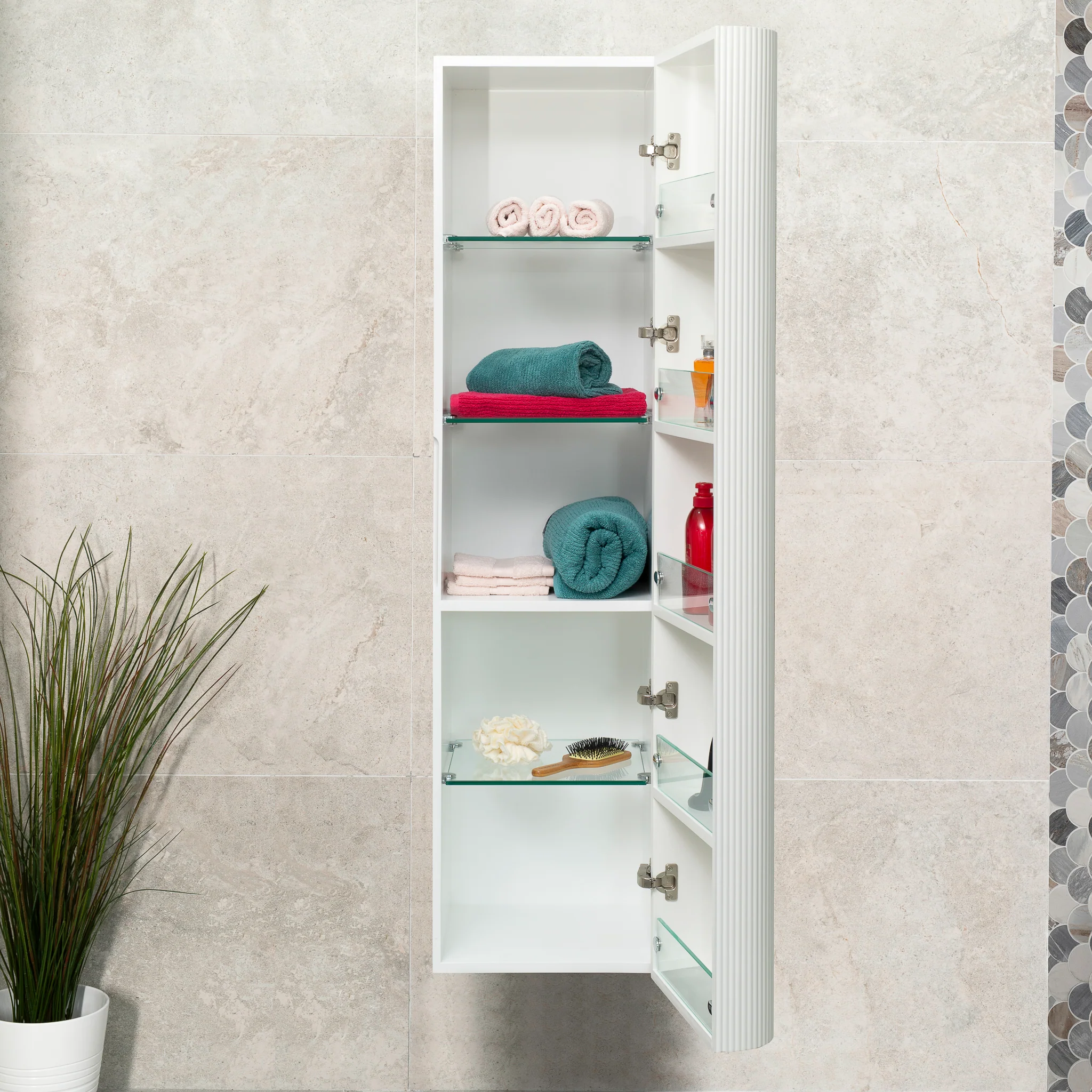 *Clearance* Tura Groove 390mm Curved Wall Hung Tallboy Cabinet, Matte White - Image 5