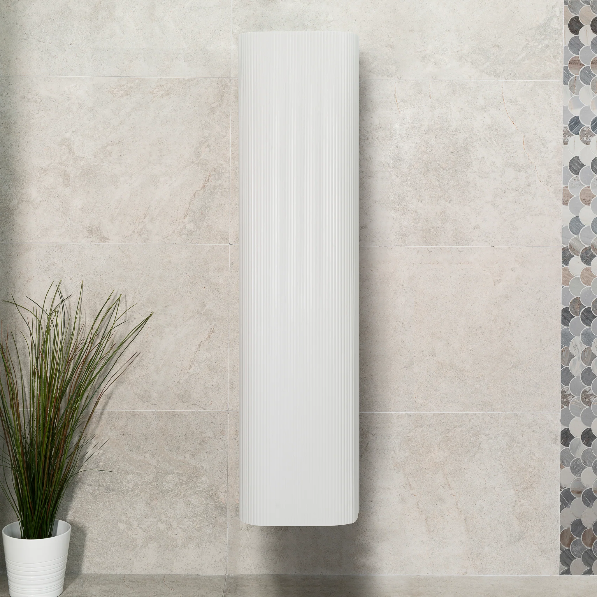 *Clearance* Tura Groove 390mm Curved Wall Hung Tallboy Cabinet, Matte White - Image 6