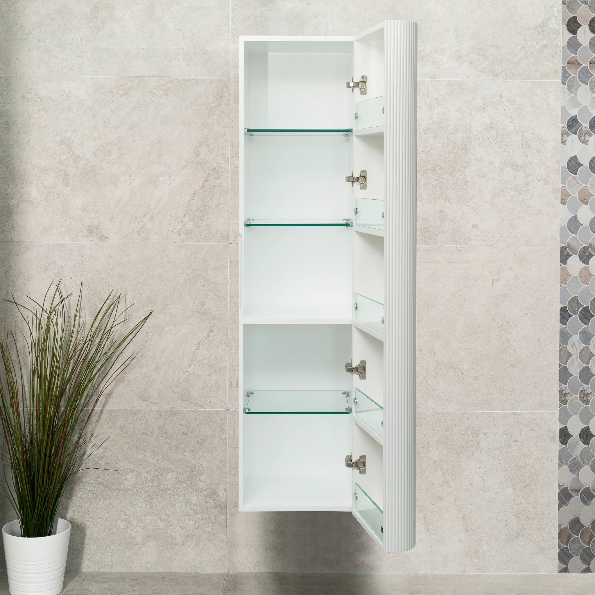 *Clearance* Tura Groove 390mm Curved Wall Hung Tallboy Cabinet, Matte White - Image 7