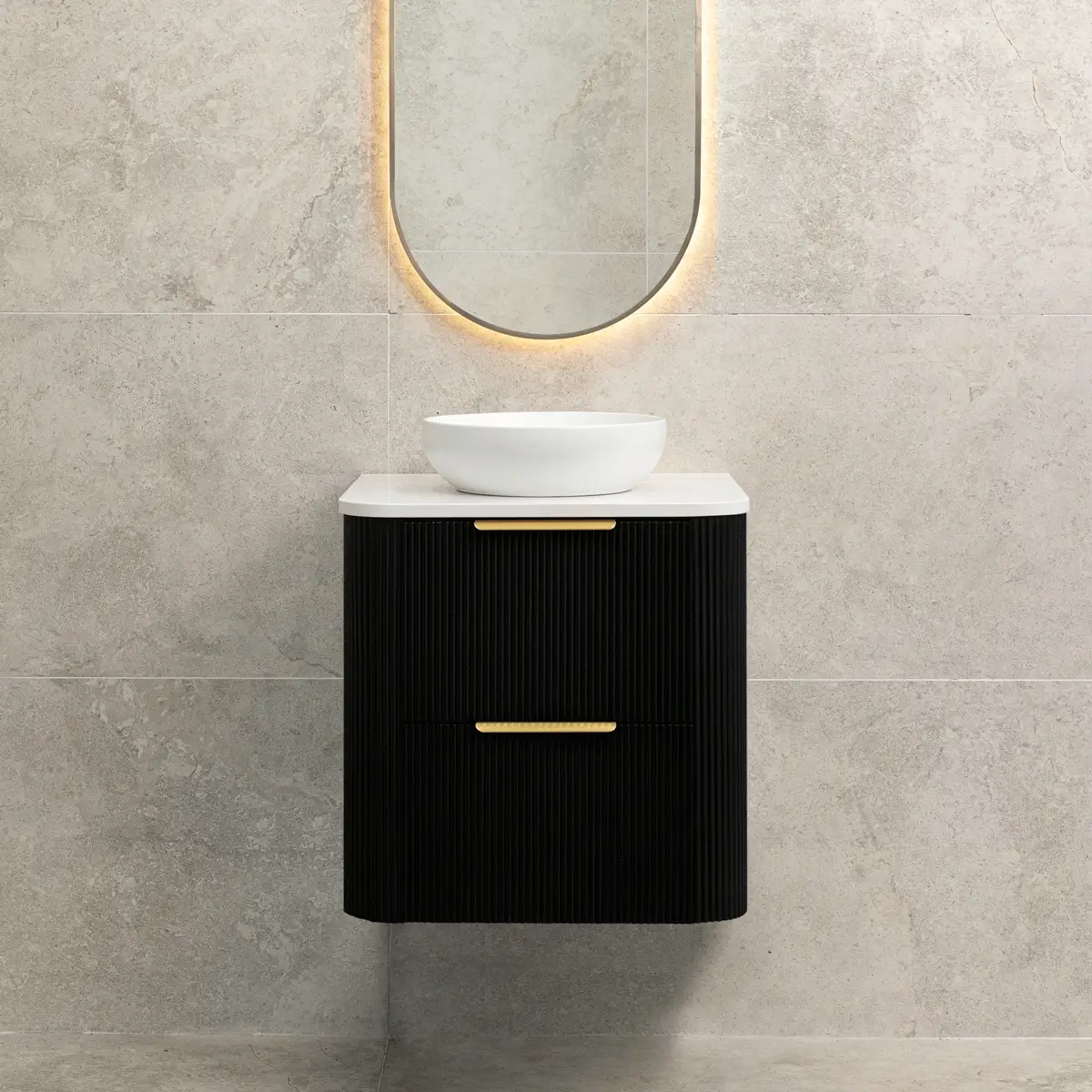 *Clearance* Tura Groove 600mm Curved Wall Hung Vanity Cabinet, Matte Black