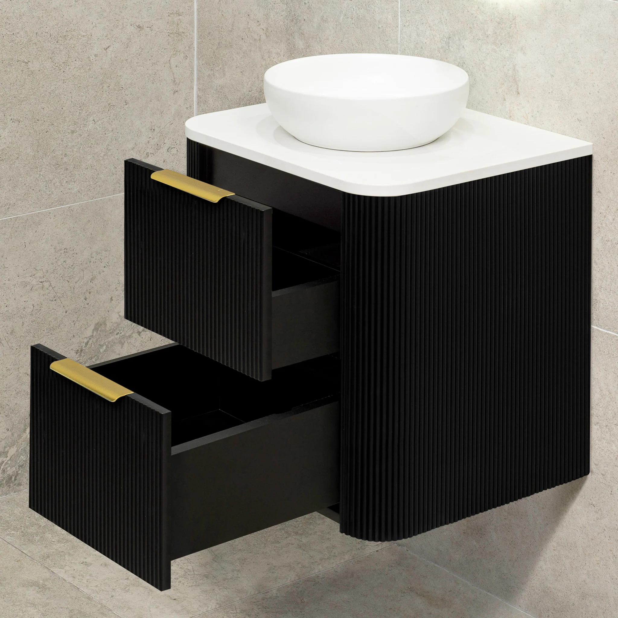 *Clearance* Tura Groove 600mm Curved Wall Hung Vanity Cabinet, Matte Black - Image 10
