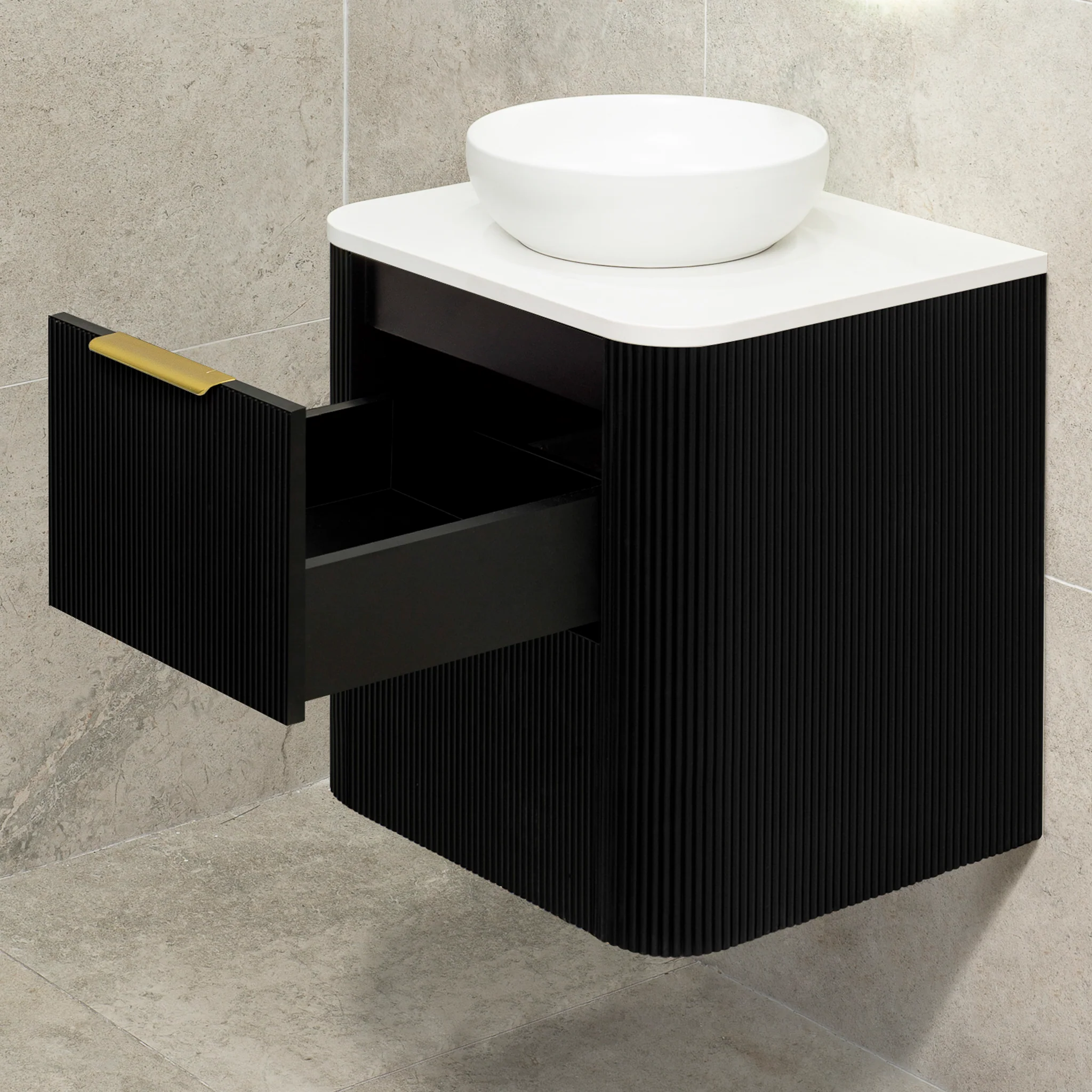 *Clearance* Tura Groove 600mm Curved Wall Hung Vanity Cabinet, Matte Black - Image 11
