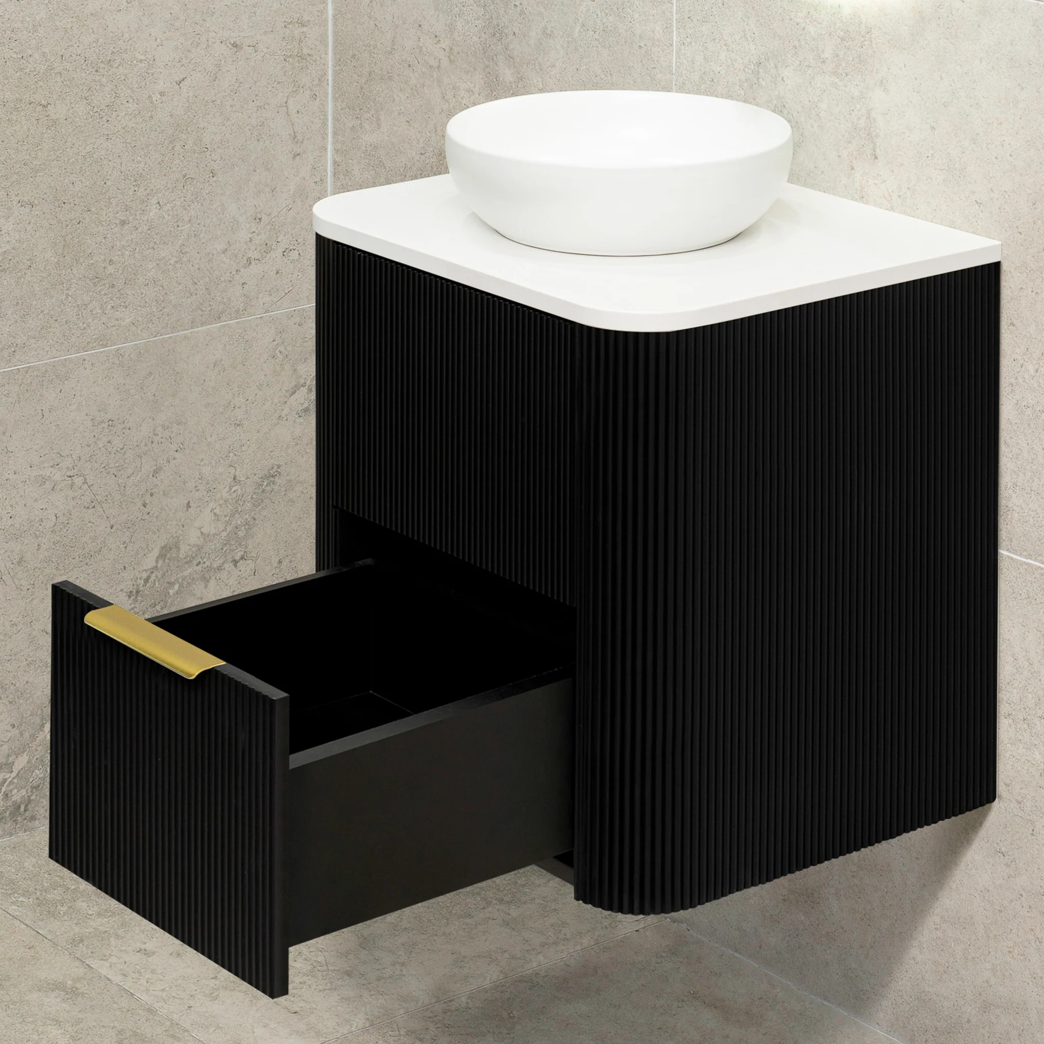 *Clearance* Tura Groove 600mm Curved Wall Hung Vanity Cabinet, Matte Black - Image 12