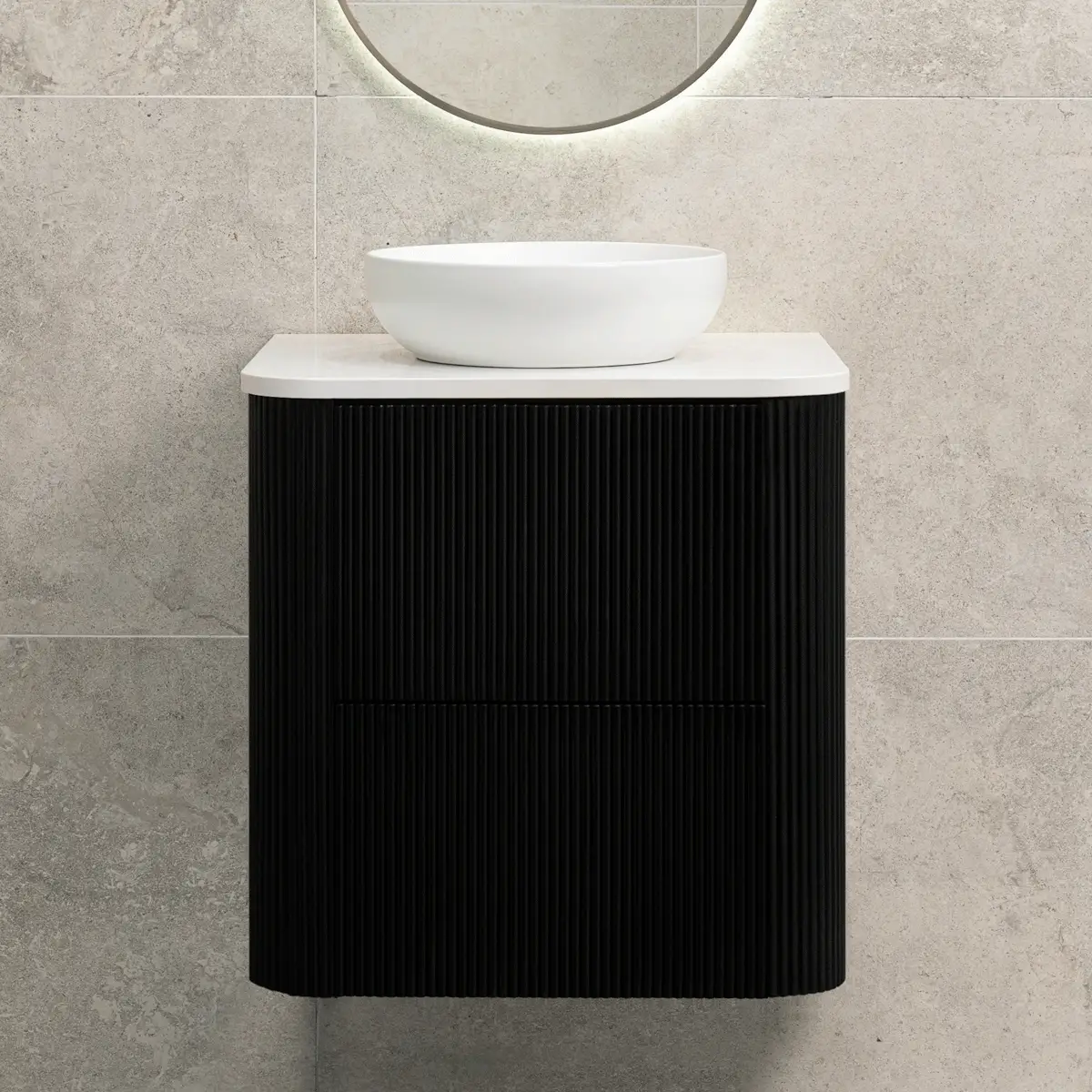 *Clearance* Tura Groove 600mm Curved Wall Hung Vanity Cabinet, Matte Black - Image 2