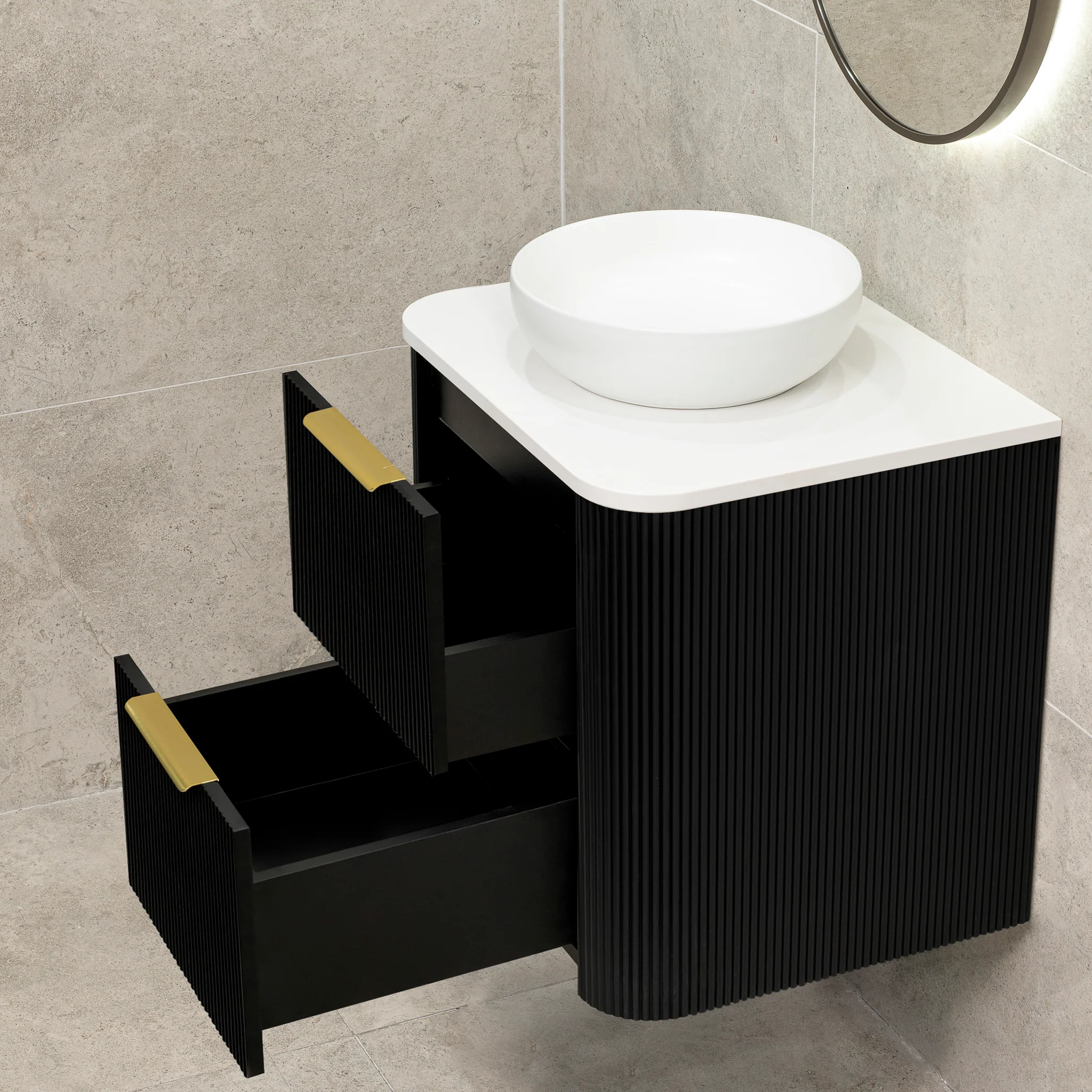 *Clearance* Tura Groove 600mm Curved Wall Hung Vanity Cabinet, Matte Black - Image 5