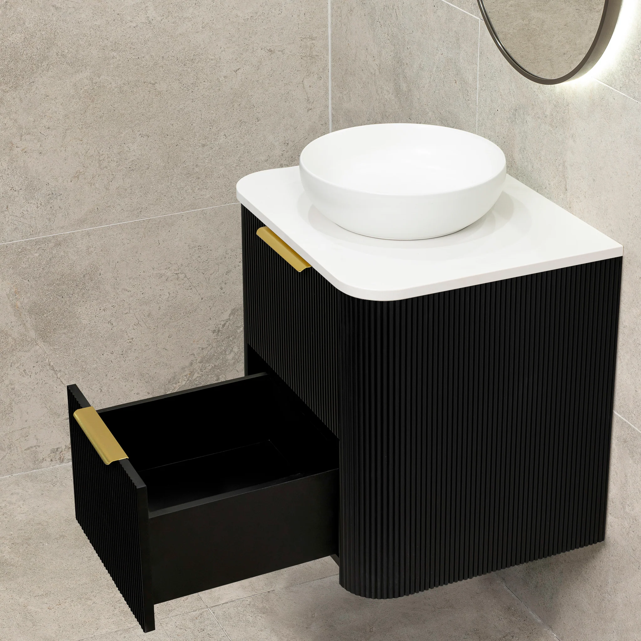 *Clearance* Tura Groove 600mm Curved Wall Hung Vanity Cabinet, Matte Black - Image 6