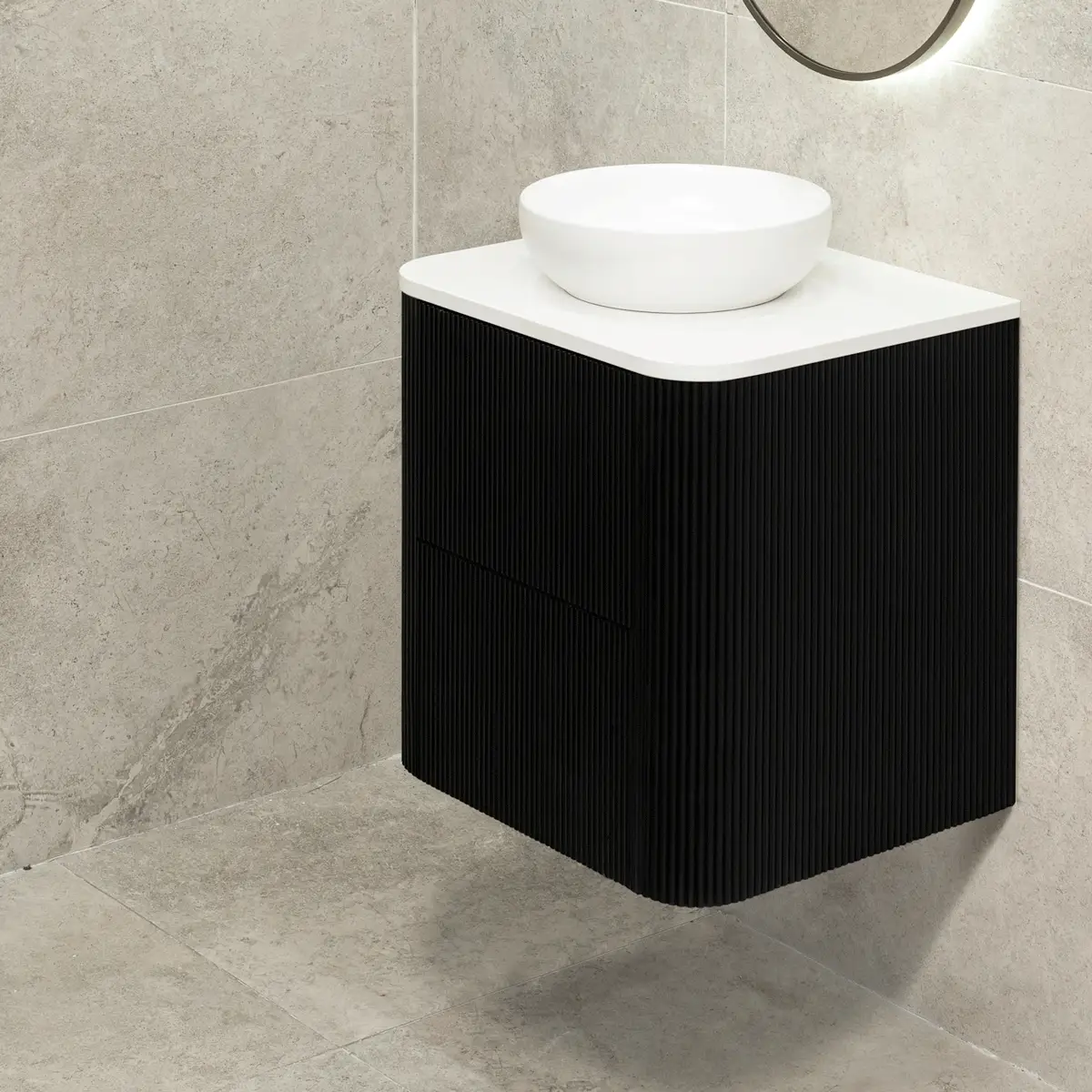 *Clearance* Tura Groove 600mm Curved Wall Hung Vanity Cabinet, Matte Black - Image 7