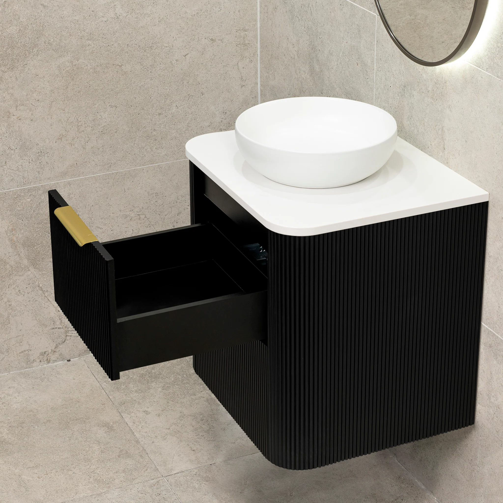 *Clearance* Tura Groove 600mm Curved Wall Hung Vanity Cabinet, Matte Black - Image 8