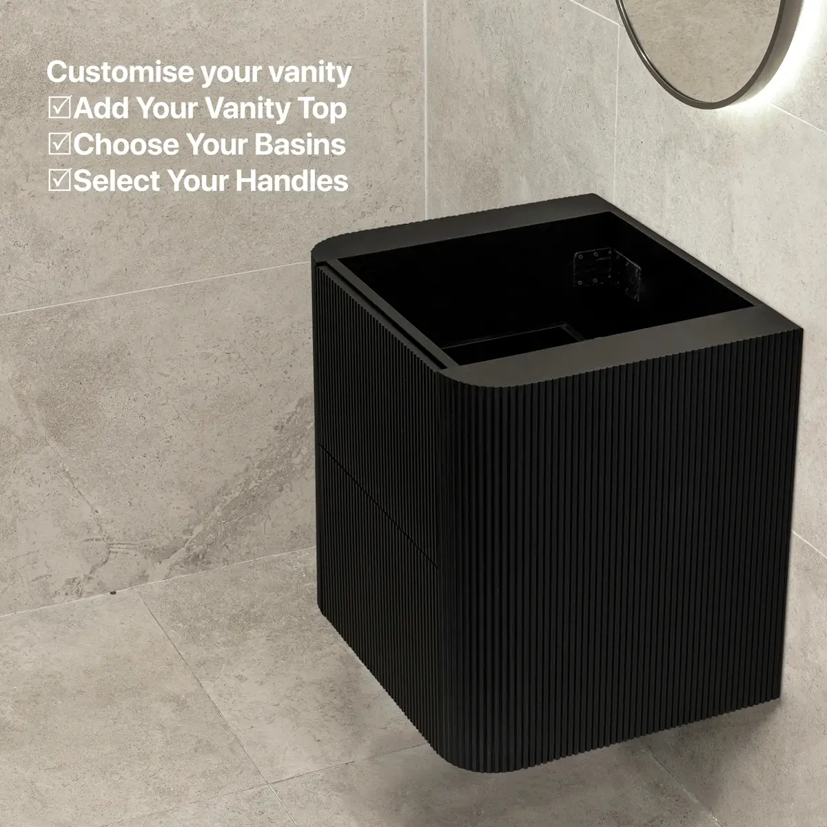 *Clearance* Tura Groove 600mm Curved Wall Hung Vanity Cabinet, Matte Black - Image 9