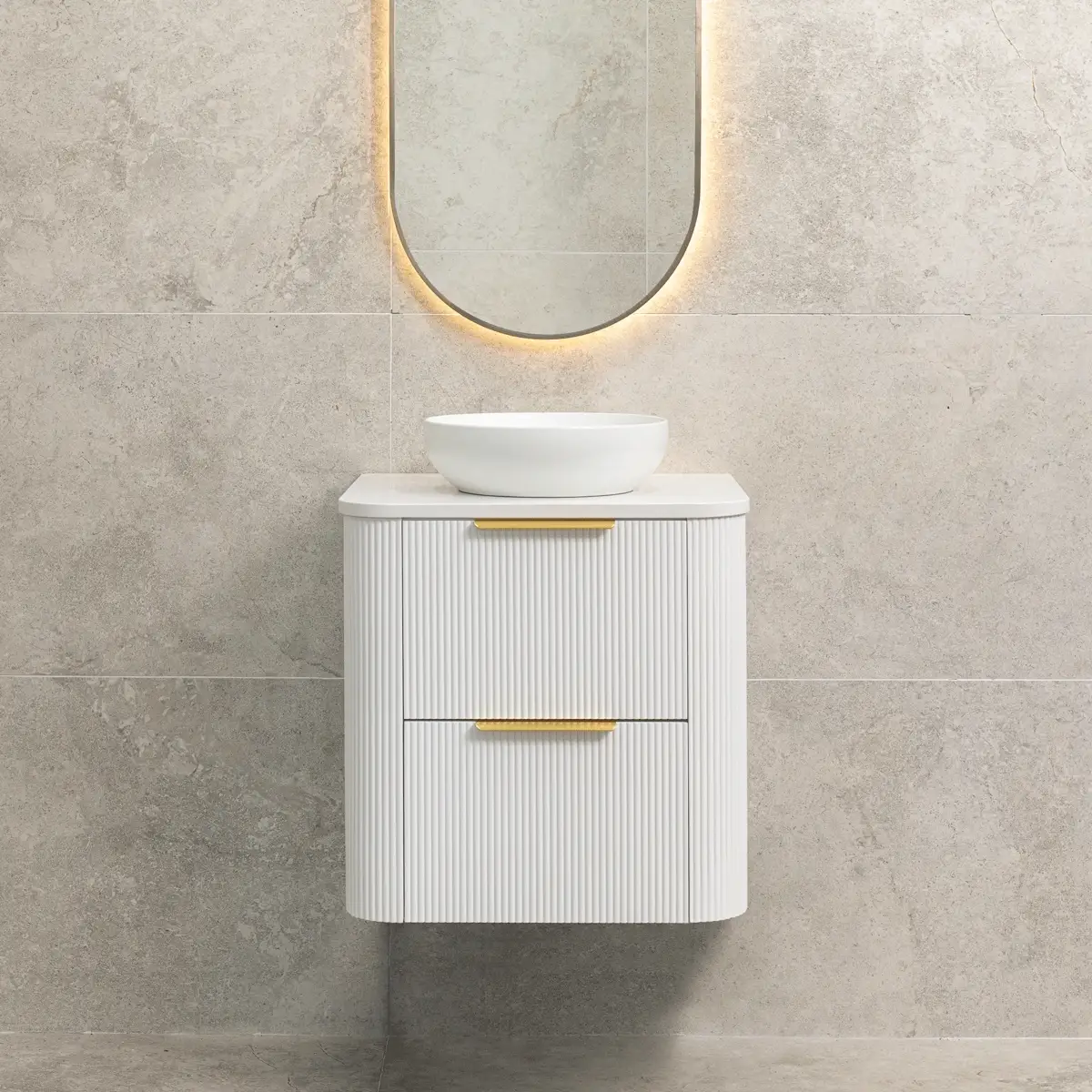 *Clearance* Tura Groove 600mm Curved Wall Hung Vanity Cabinet, Matte White