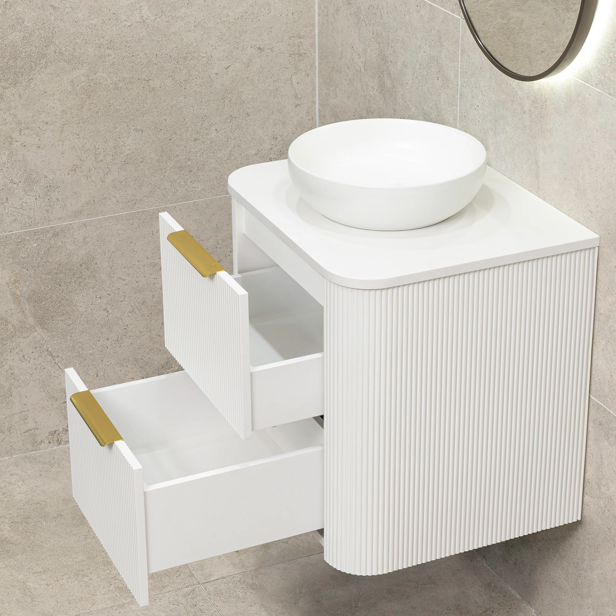 *Clearance* Tura Groove 600mm Curved Wall Hung Vanity Cabinet, Matte White - Image 10