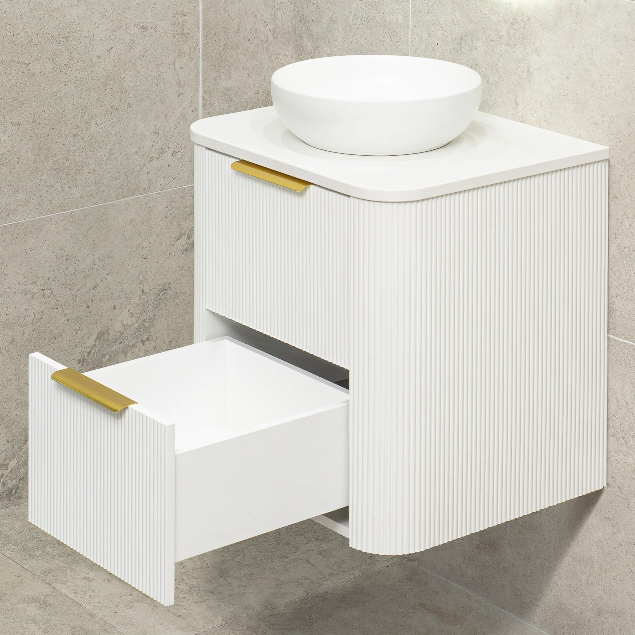 *Clearance* Tura Groove 600mm Curved Wall Hung Vanity Cabinet, Matte White - Image 11