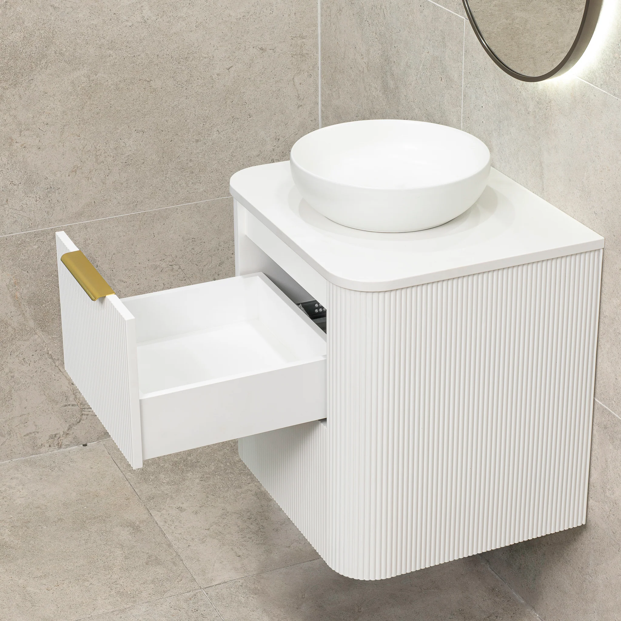 *Clearance* Tura Groove 600mm Curved Wall Hung Vanity Cabinet, Matte White - Image 12