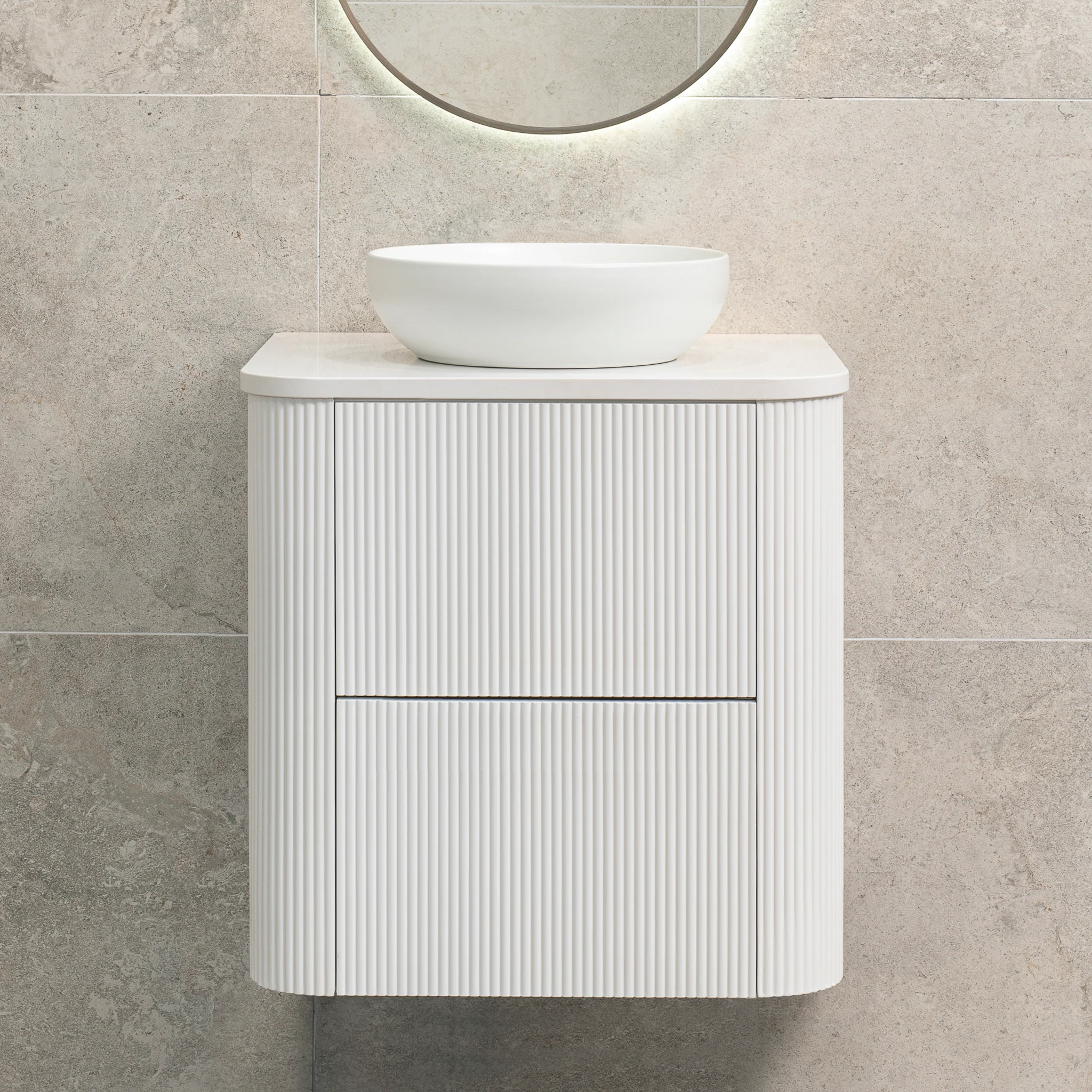 *Clearance* Tura Groove 600mm Curved Wall Hung Vanity Cabinet, Matte White - Image 13