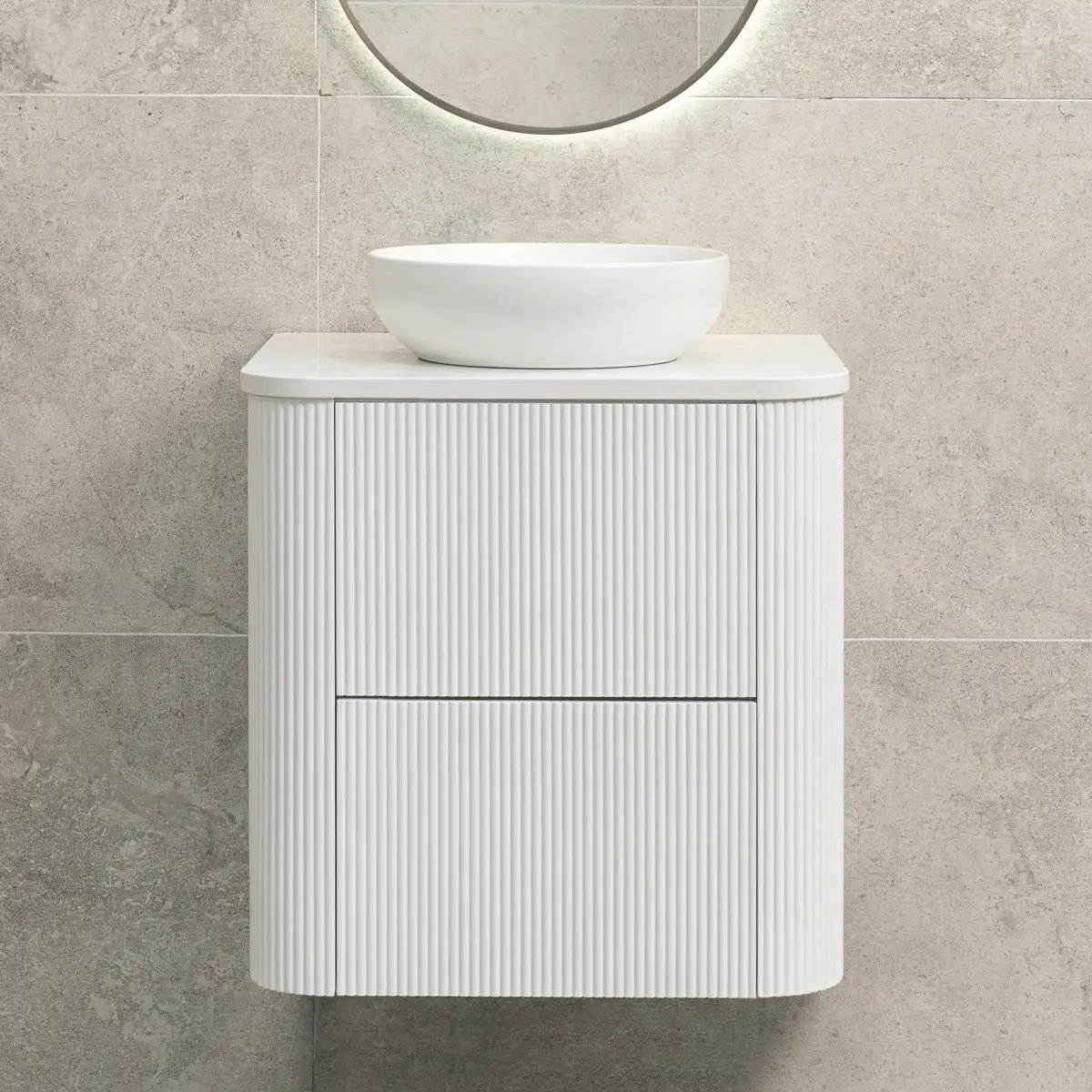 *Clearance* Tura Groove 600mm Curved Wall Hung Vanity Cabinet, Matte White - Image 2