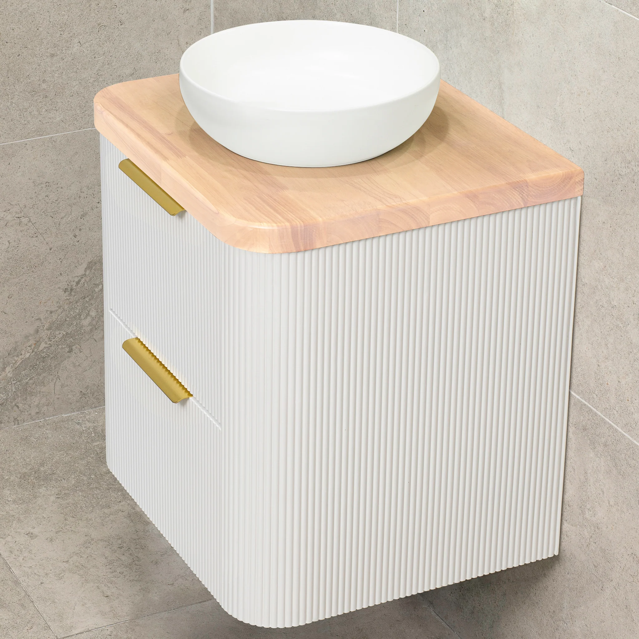 *Clearance* Tura Groove 600mm Curved Wall Hung Vanity Cabinet, Matte White - Image 3