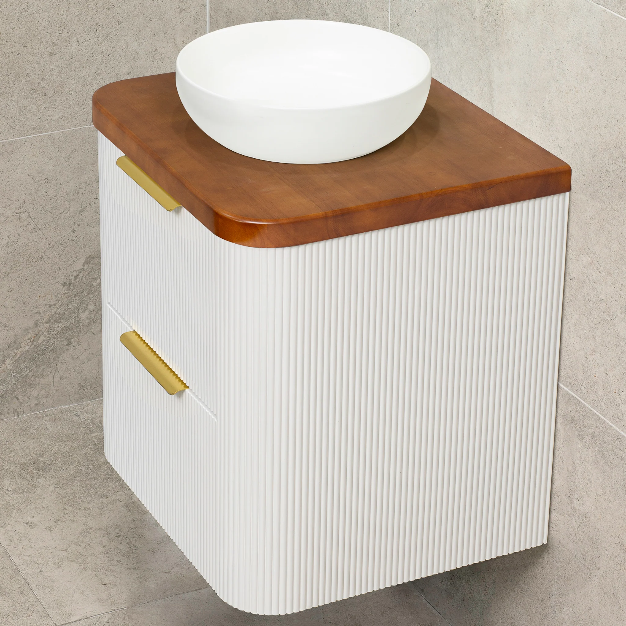 *Clearance* Tura Groove 600mm Curved Wall Hung Vanity Cabinet, Matte White - Image 4