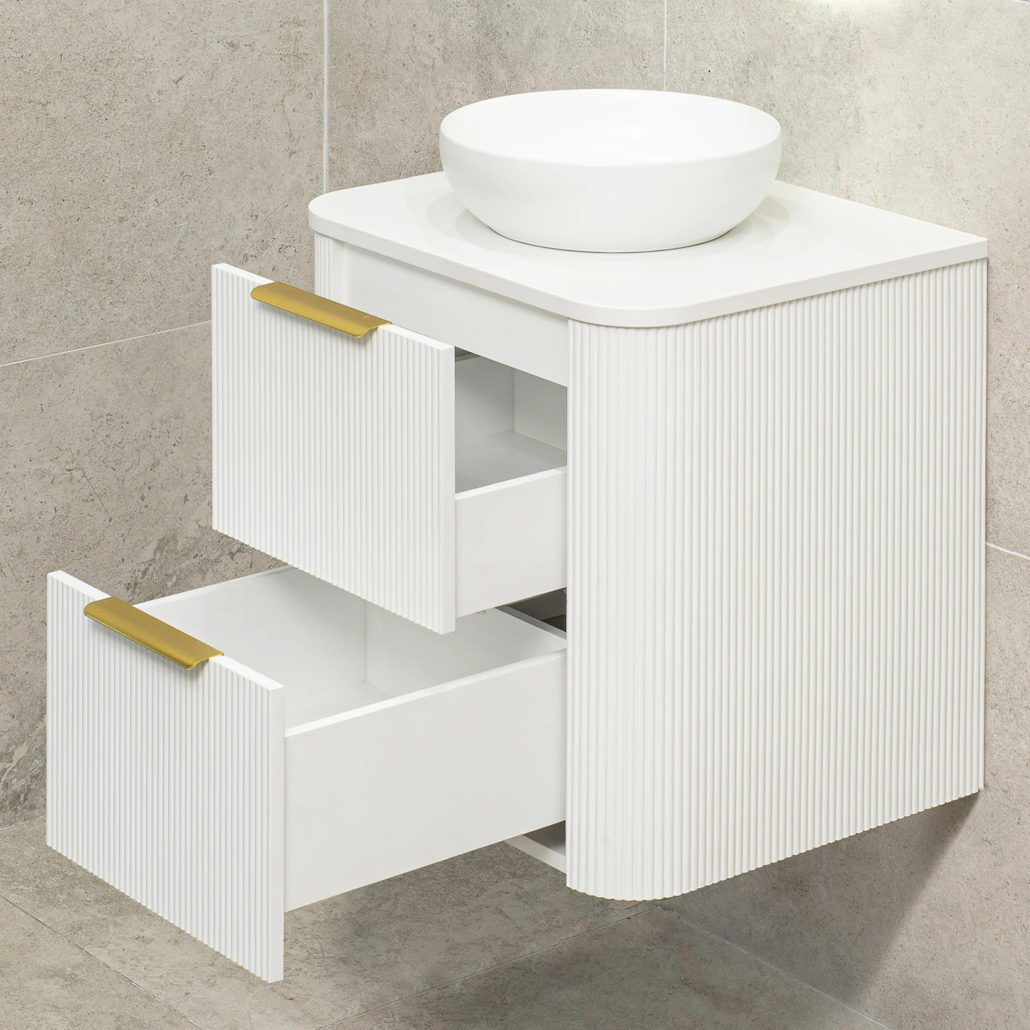 *Clearance* Tura Groove 600mm Curved Wall Hung Vanity Cabinet, Matte White - Image 5
