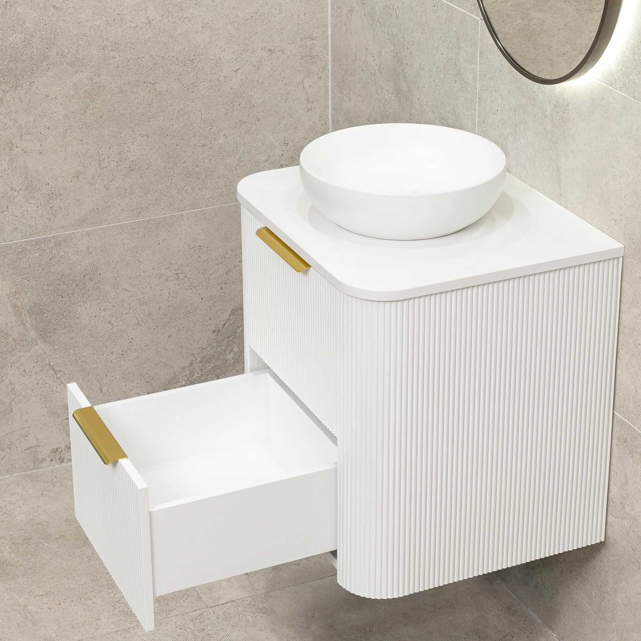 *Clearance* Tura Groove 600mm Curved Wall Hung Vanity Cabinet, Matte White - Image 6