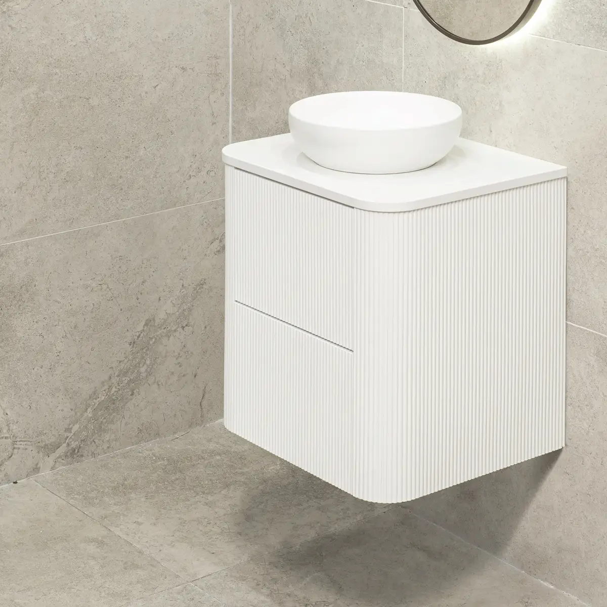 *Clearance* Tura Groove 600mm Curved Wall Hung Vanity Cabinet, Matte White - Image 7