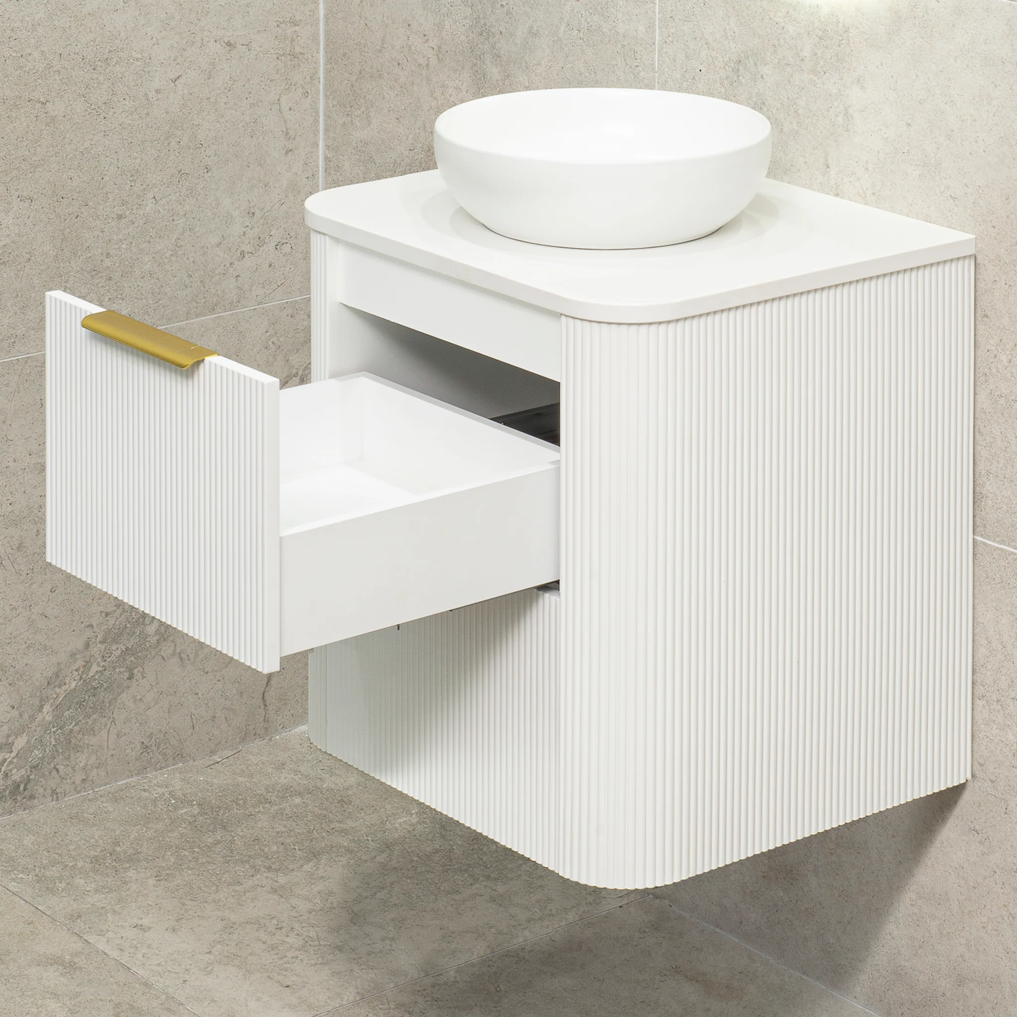 *Clearance* Tura Groove 600mm Curved Wall Hung Vanity Cabinet, Matte White - Image 8