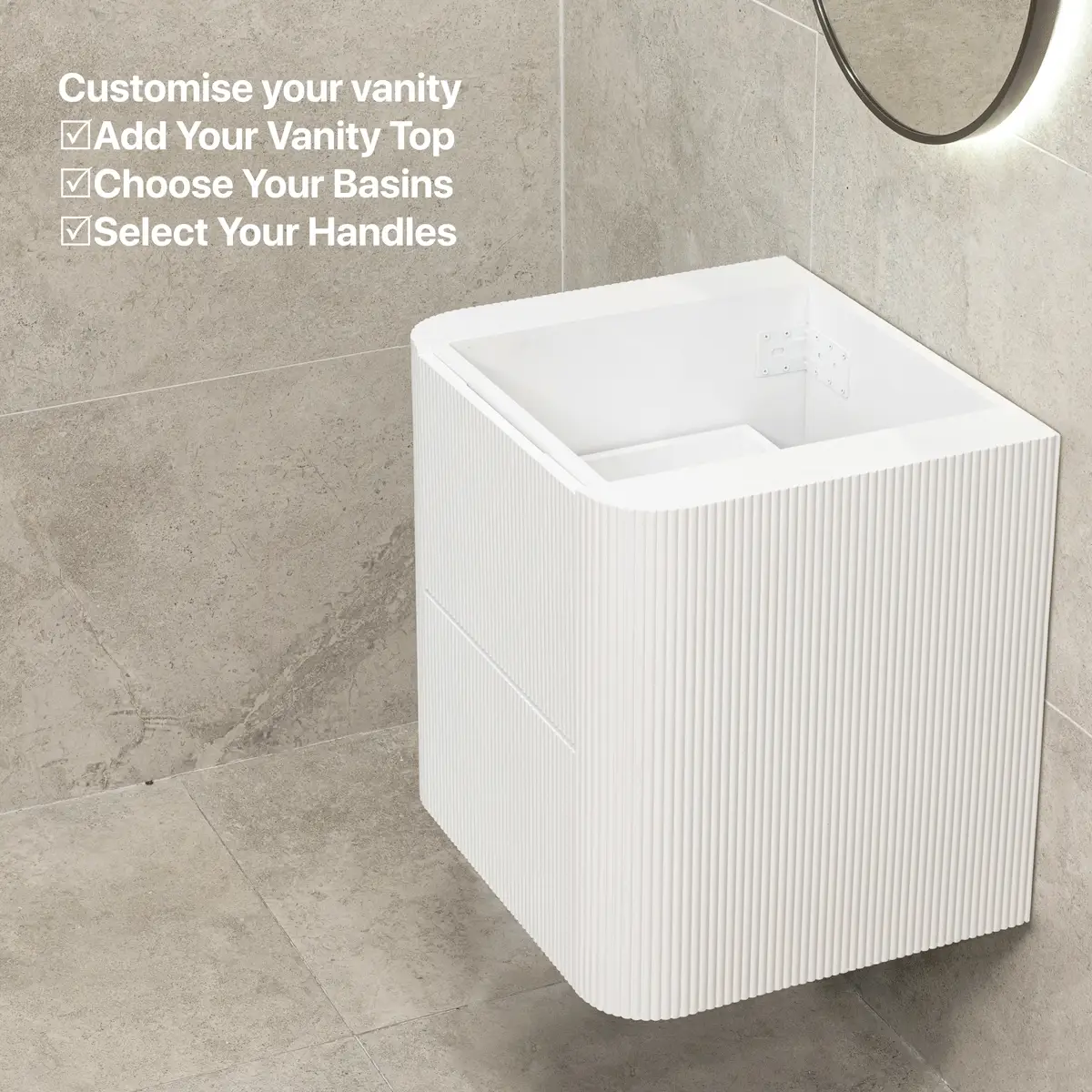 *Clearance* Tura Groove 600mm Curved Wall Hung Vanity Cabinet, Matte White - Image 9