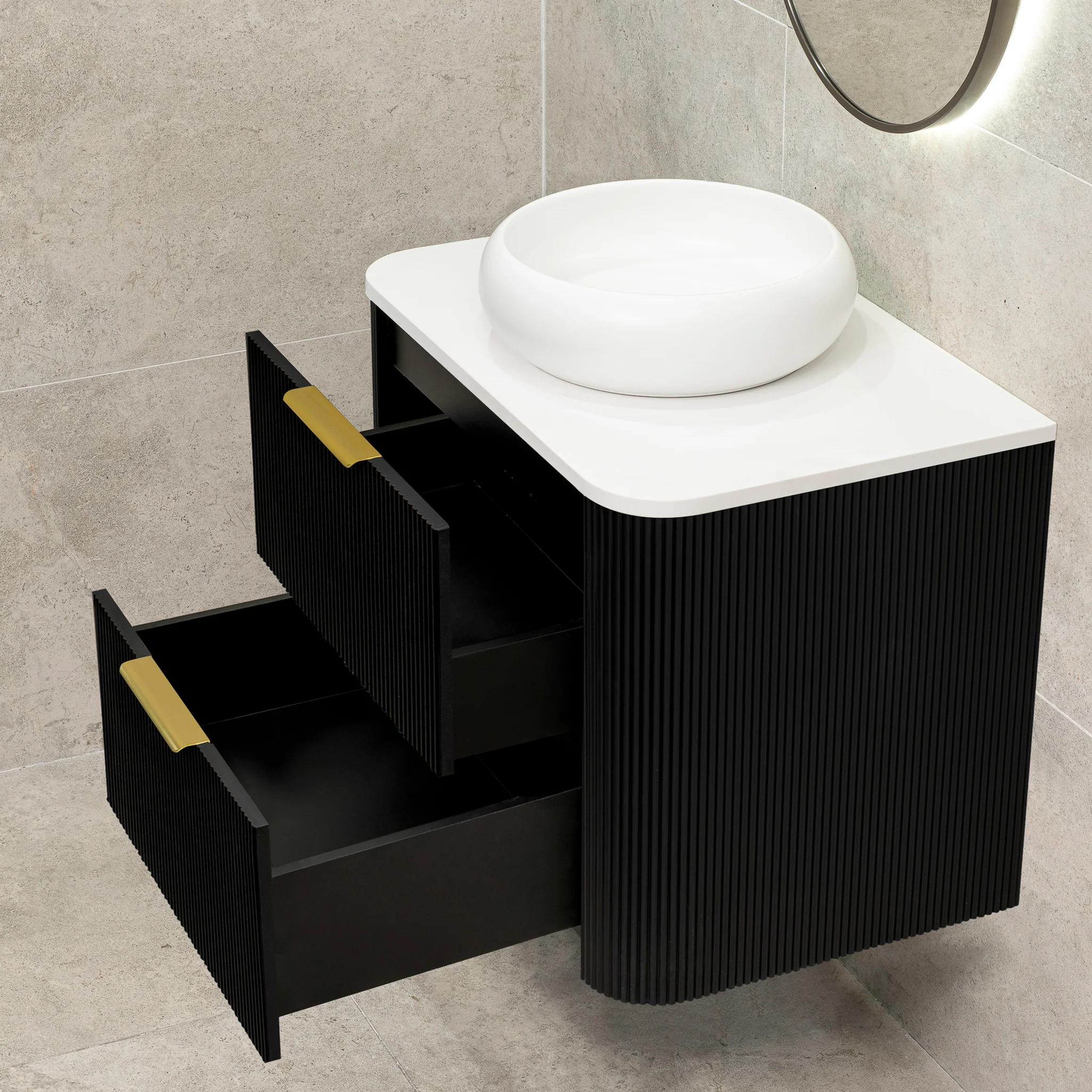 *Clearance* Tura Groove 750mm Curved Wall Hung Vanity Cabinet, Matte Black - Image 10