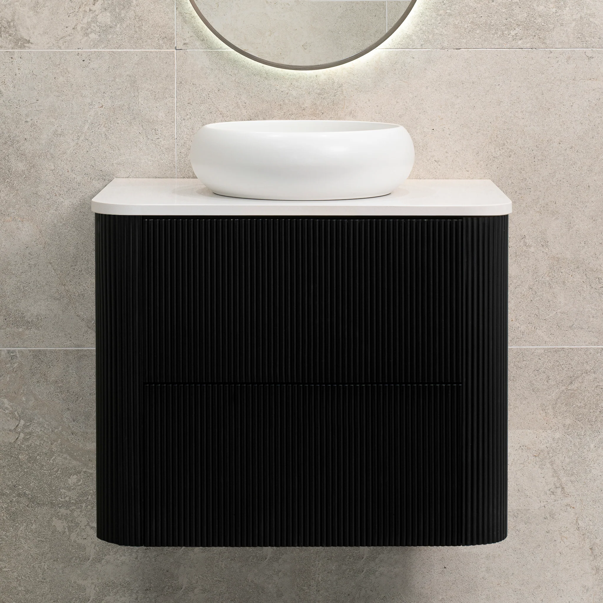 *Clearance* Tura Groove 750mm Curved Wall Hung Vanity Cabinet, Matte Black - Image 11
