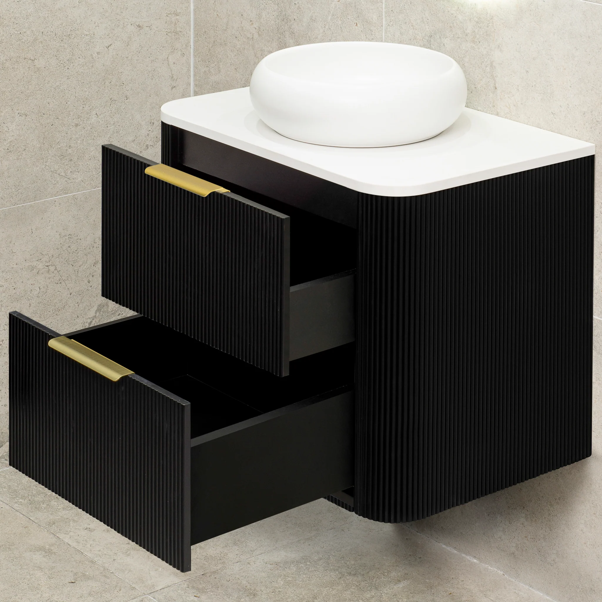 *Clearance* Tura Groove 750mm Curved Wall Hung Vanity Cabinet, Matte Black - Image 2