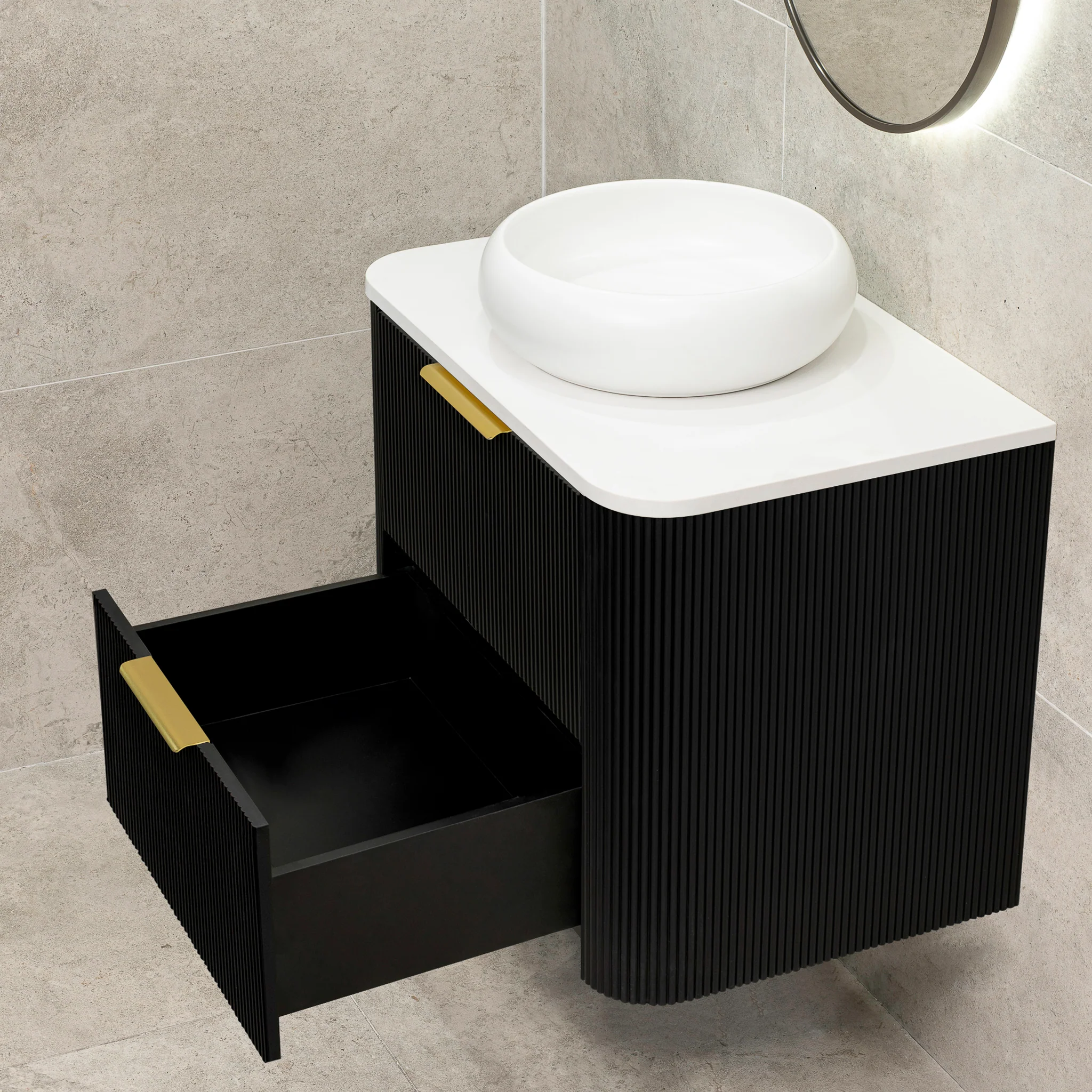 *Clearance* Tura Groove 750mm Curved Wall Hung Vanity Cabinet, Matte Black - Image 4