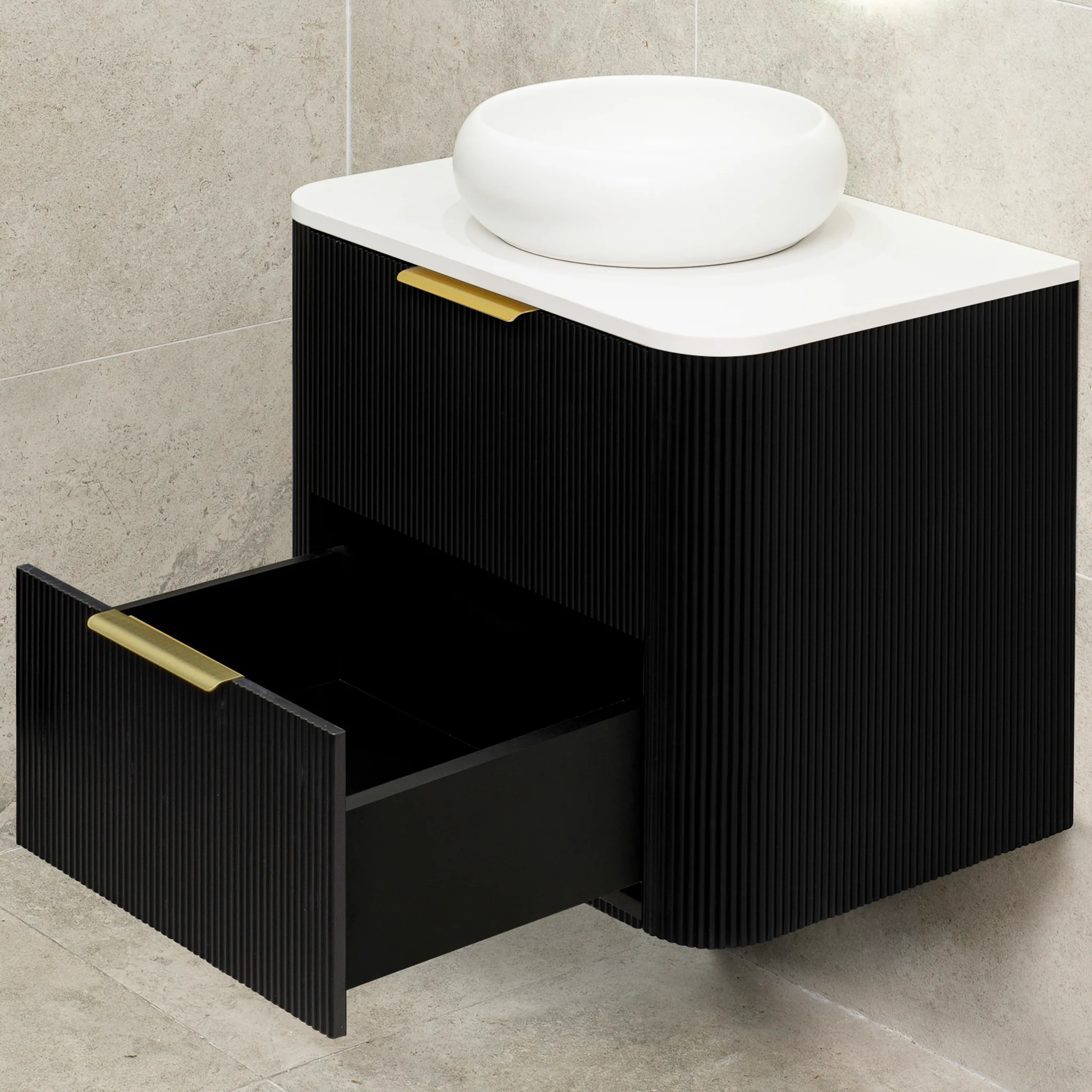 *Clearance* Tura Groove 750mm Curved Wall Hung Vanity Cabinet, Matte Black - Image 6